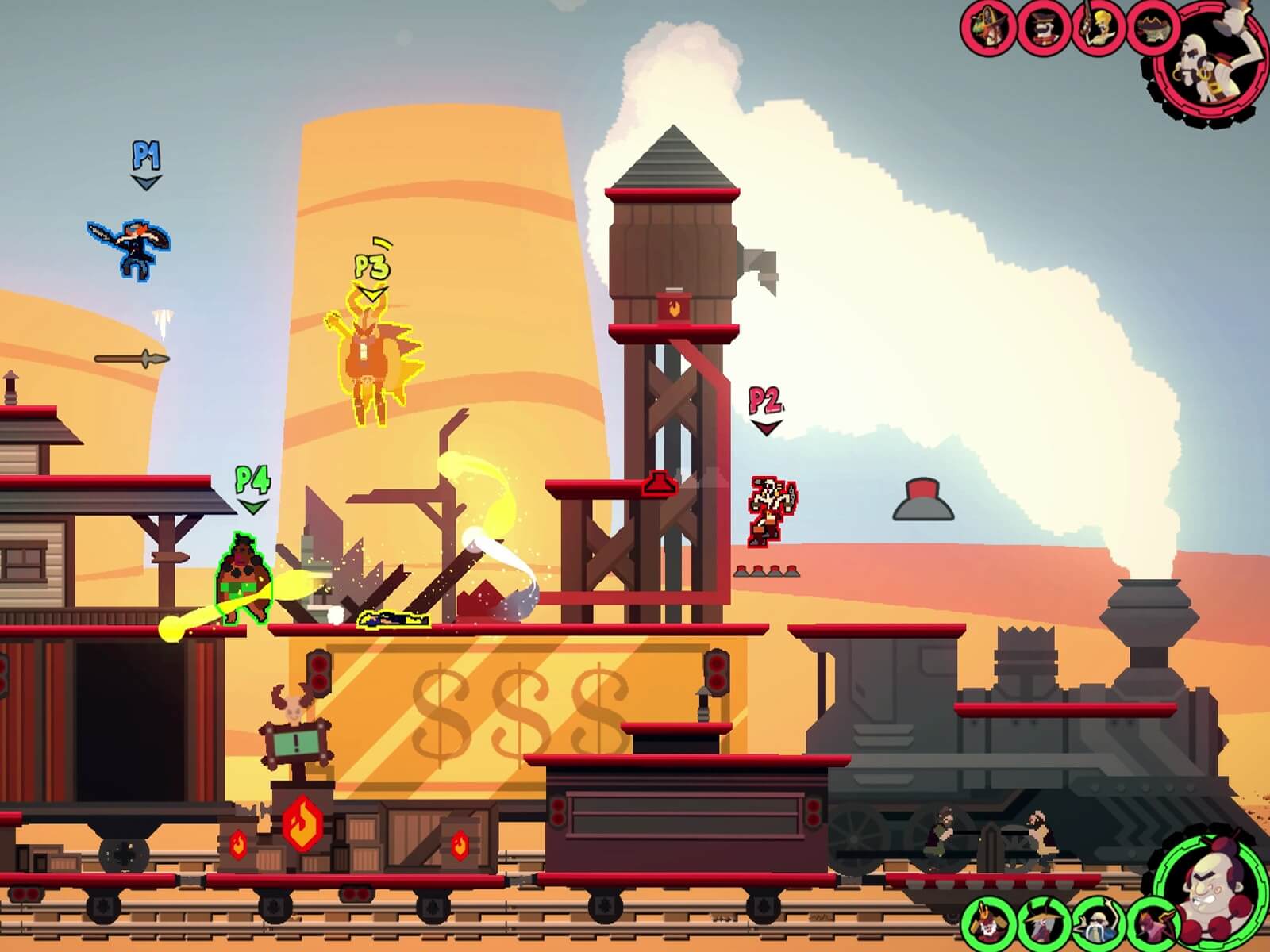 Captura de pantalla del juego Dynasty Feud de Kaia Studios, con un tren de vapor que pasa por una ciudad de estilo occidental.