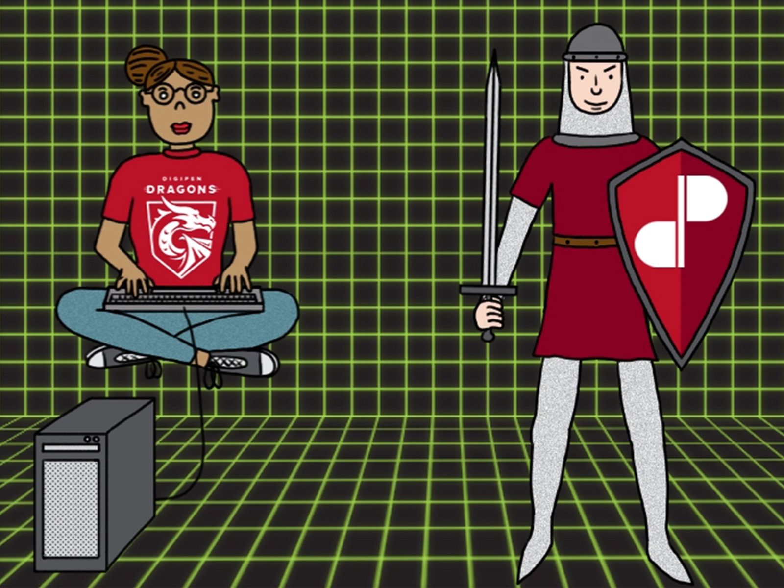 Un estudiante de DigiPen levita y programa en un ciberespacio verde junto a un caballero con un escudo de DigiPen.