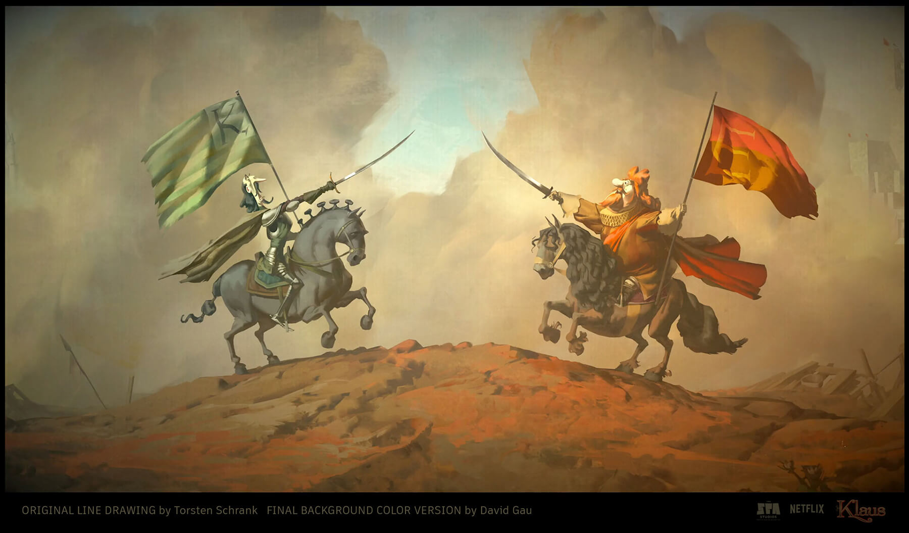  baroque-style painting of two mounted horsemen with swords and banners, facing off on a battlefield.