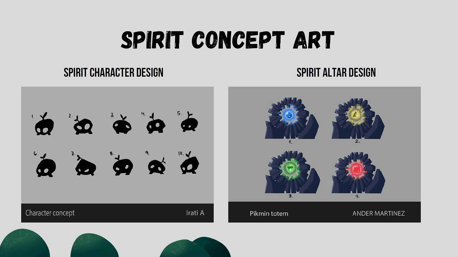 Arte conceptual del personaje espiritual y diseño del altar del segundo año del juego Zima Polaris, destacando elementos creativos y místicos.