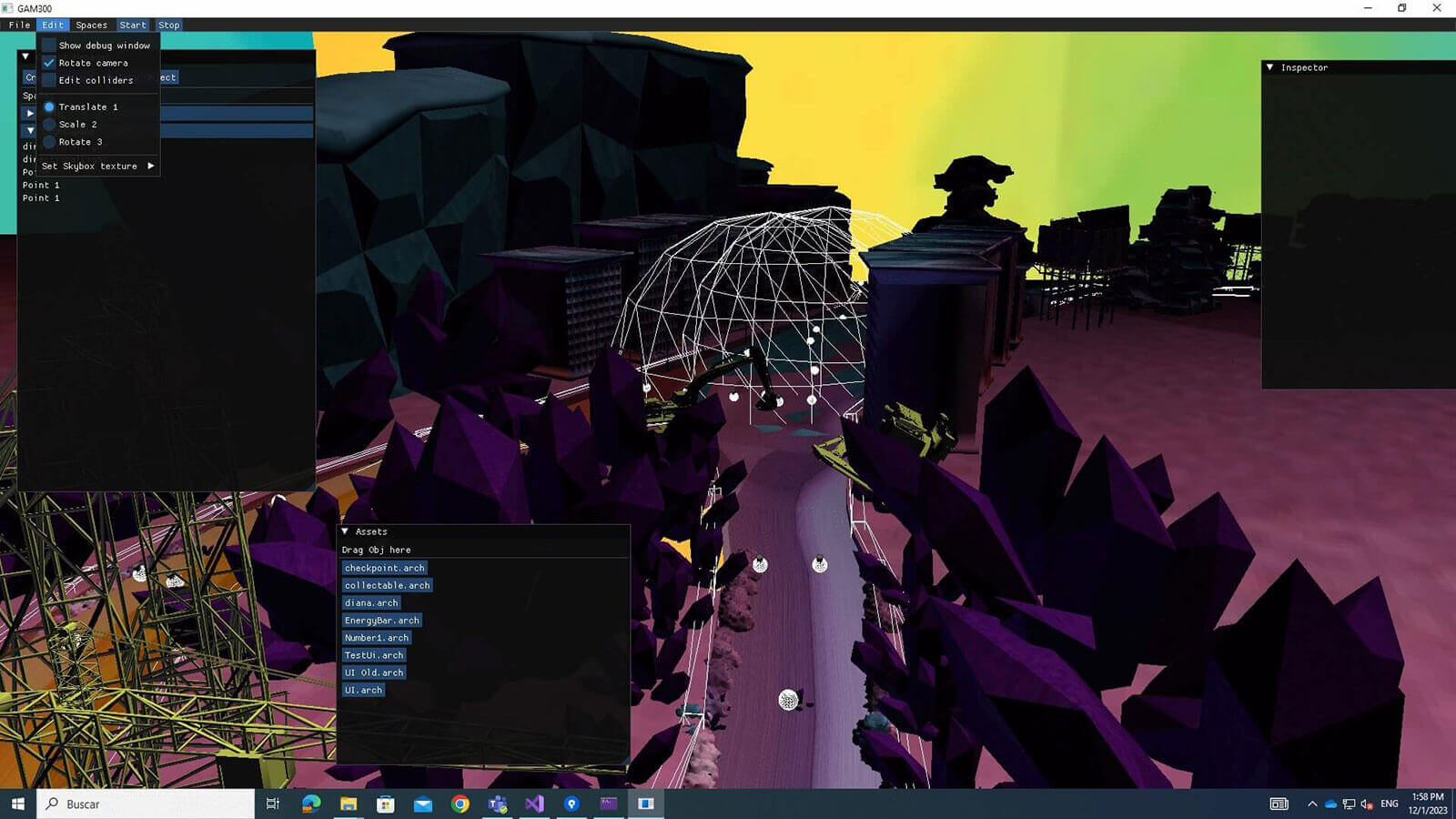 Captura de pantalla del editor 3D de Crash and Burn, mostrando la pista de carreras junto con varias herramientas de edición.