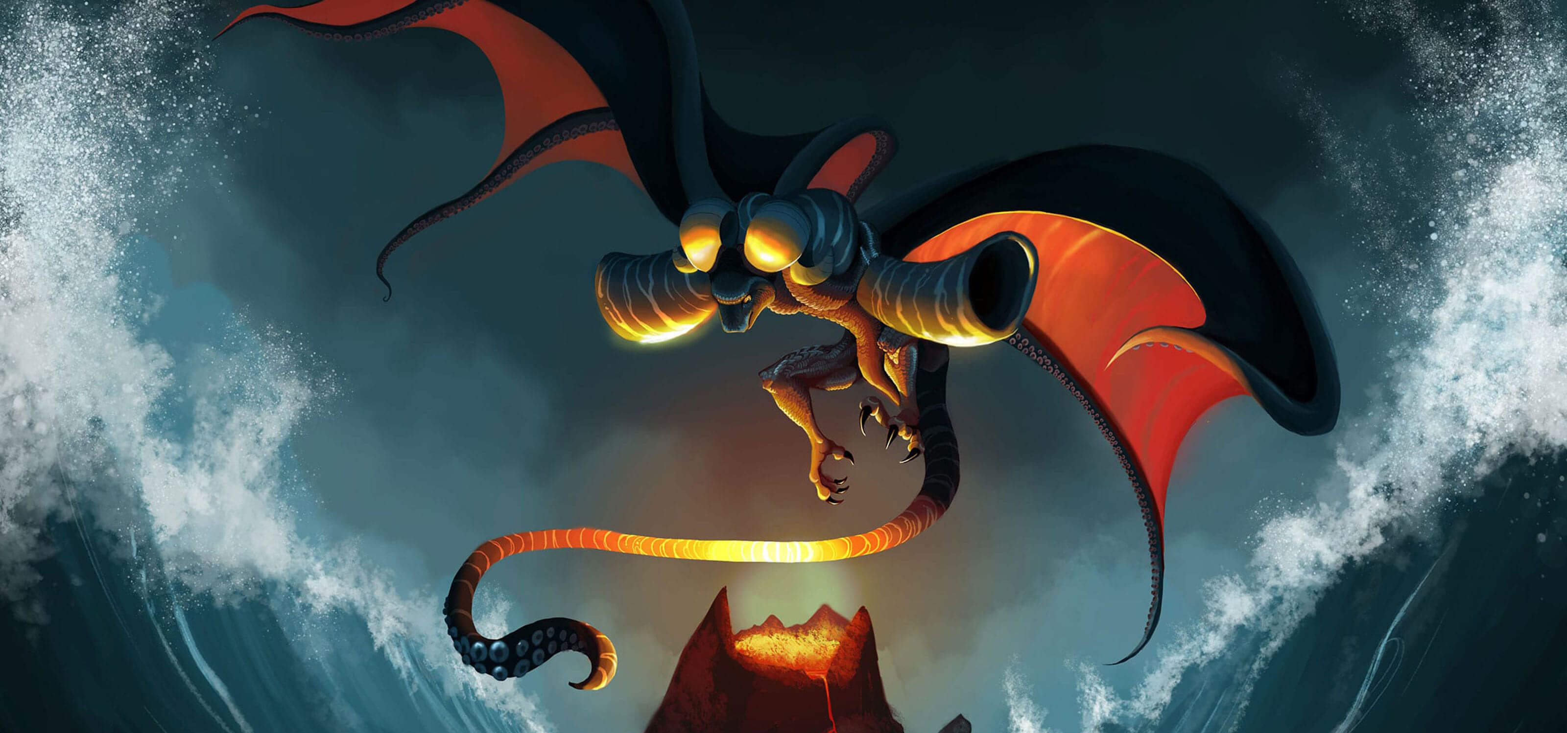 A creature with dragon and octopus characteristics hovers over a volcano with waves crashing on either side