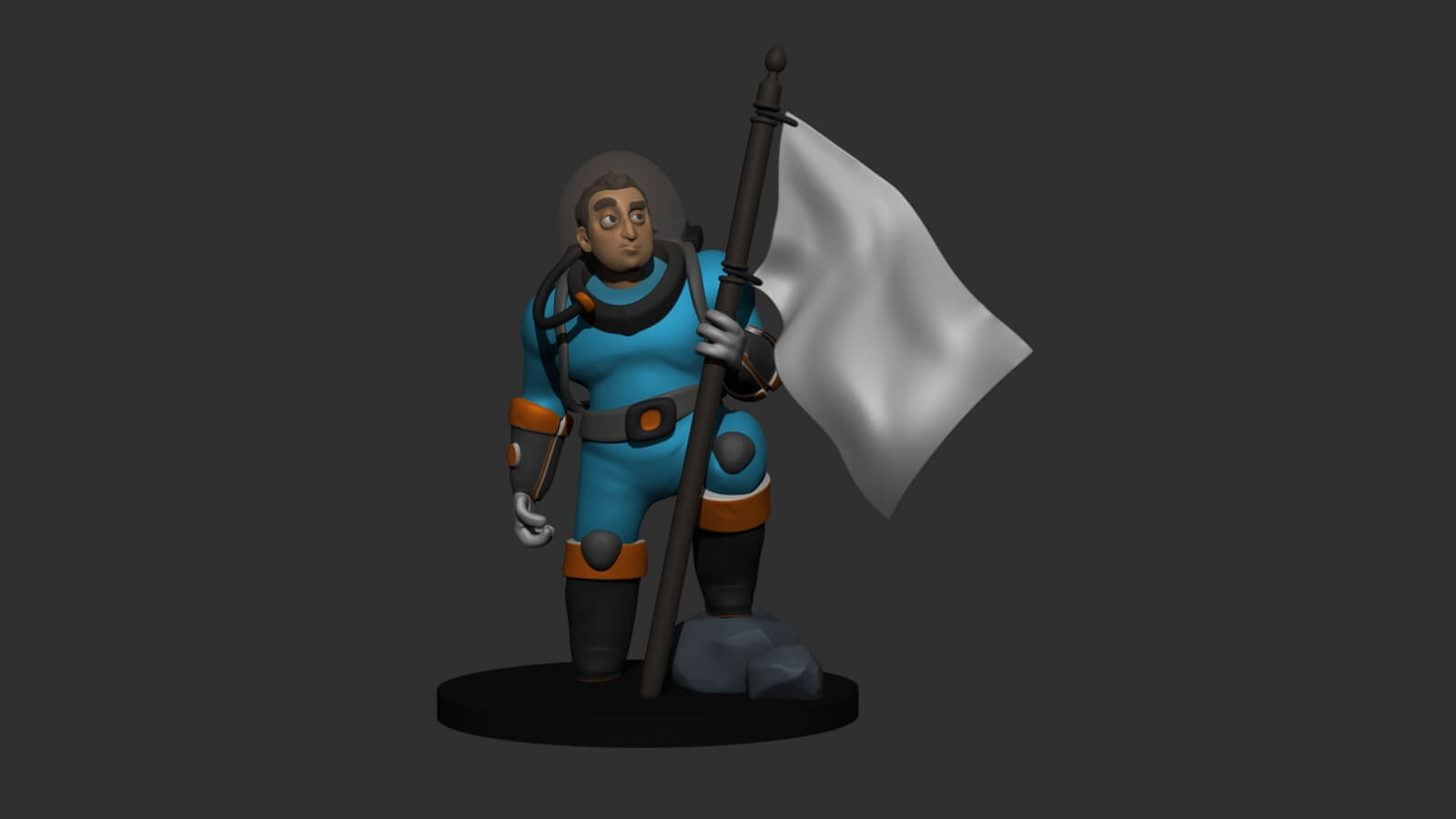 3D Sculpture of an astronaut character holding a white flag, standing on a base.