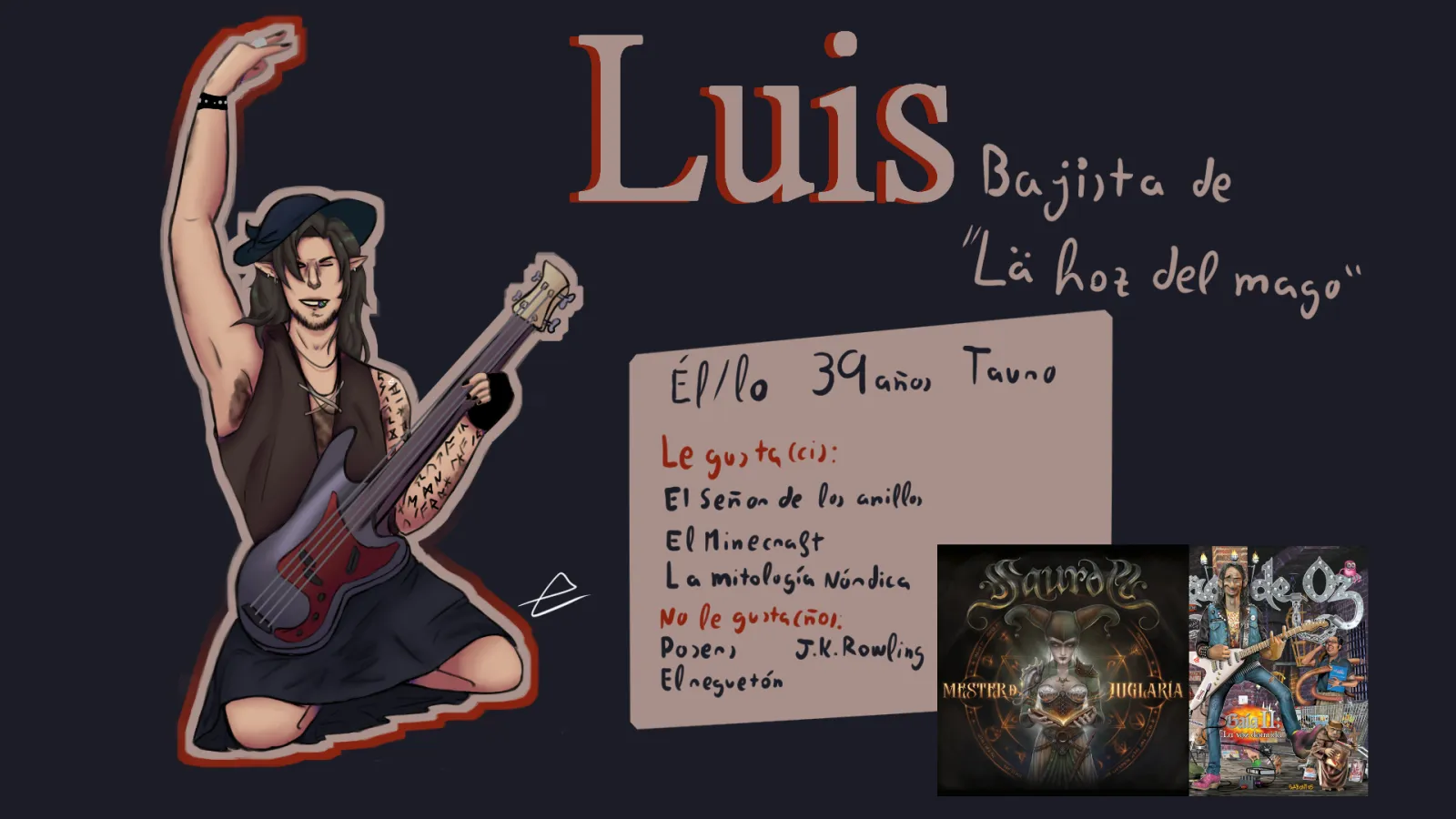 Dibujo final de Luis, un guitarrista, y una breve descripción de él y su personalidad.