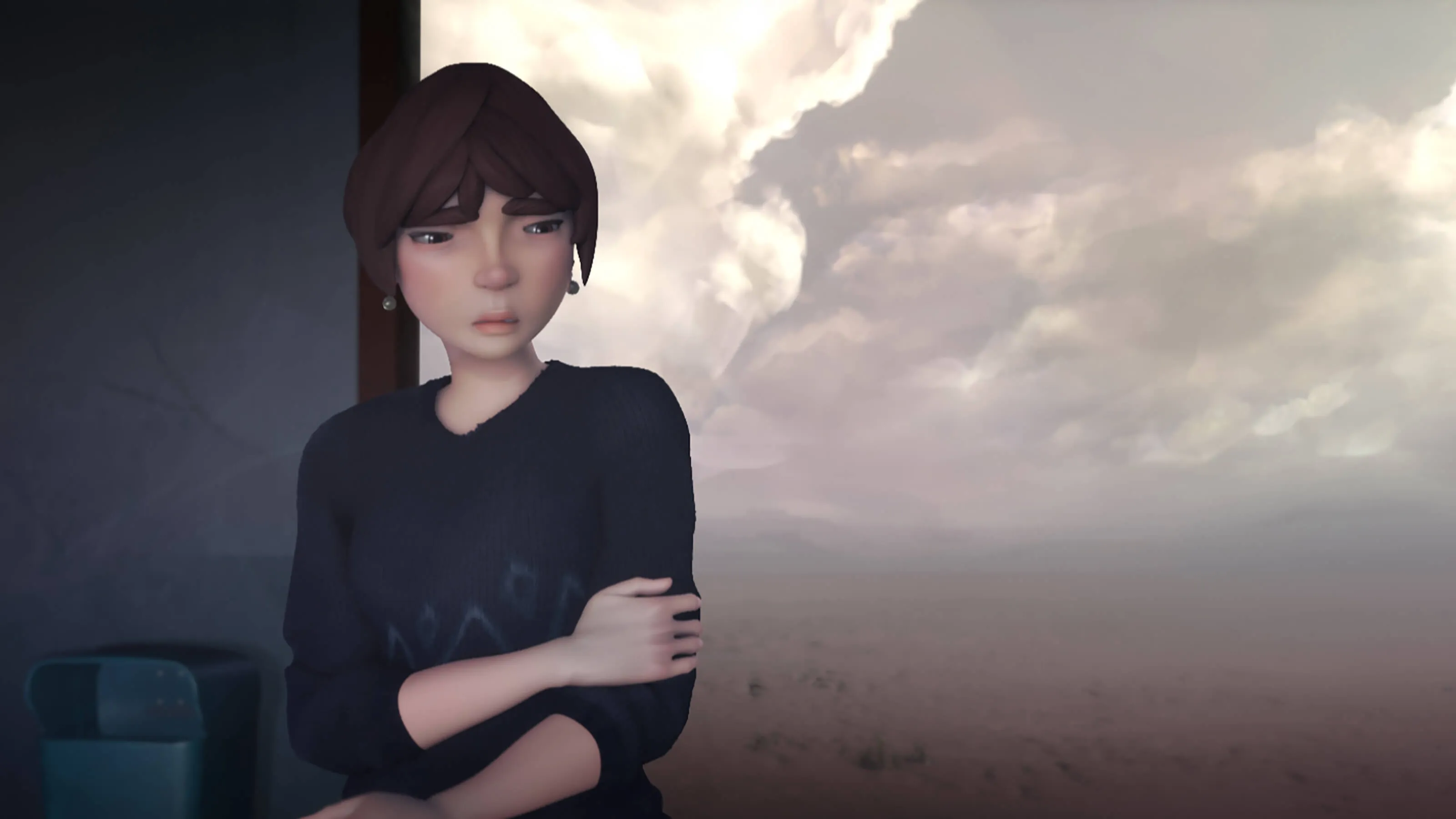 A CG image of a dispirited woman in a black sweater at an open-air train station. The landscape behind her is a barren desert