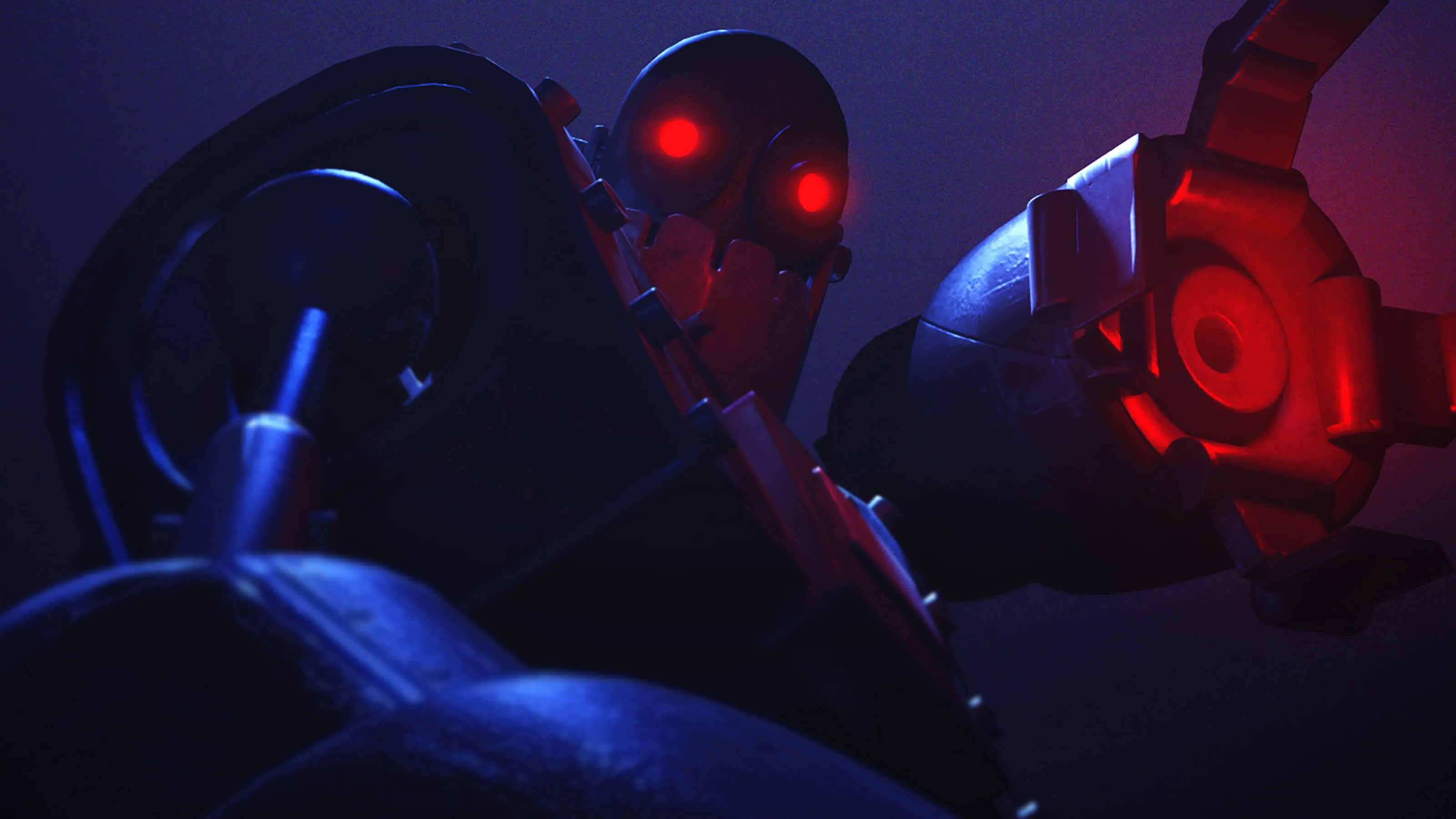 A dimly lit, metal robot raises an open claw as seen from below. Both its claw and eyes glow brightly red in the dark.