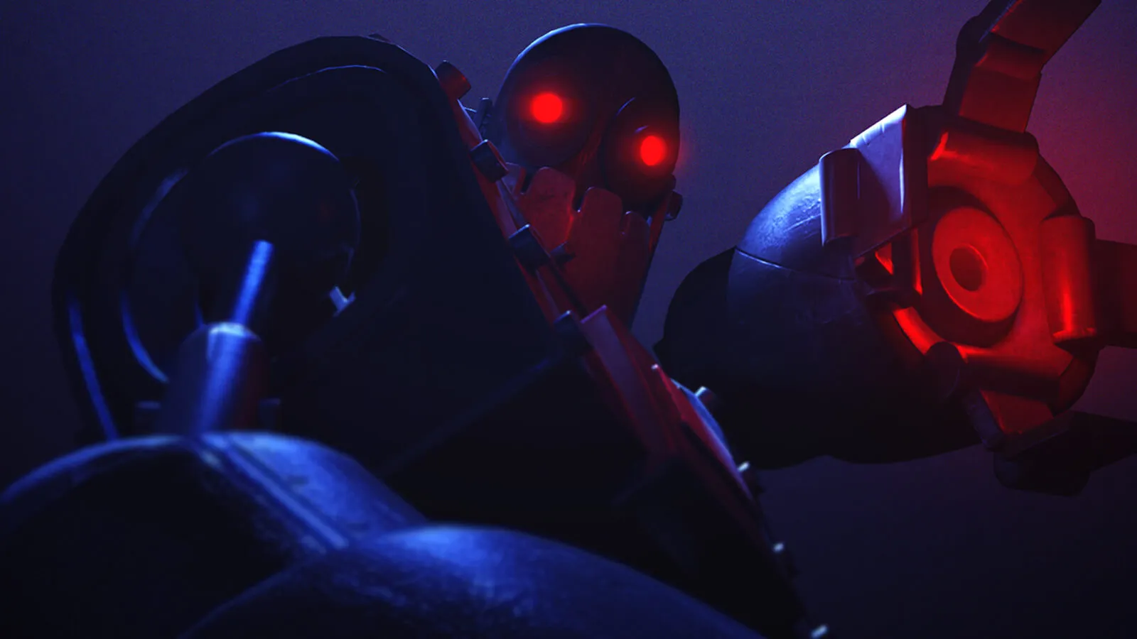 A dimly lit, metal robot raises an open claw as seen from below. Both its claw and eyes glow brightly red in the dark.