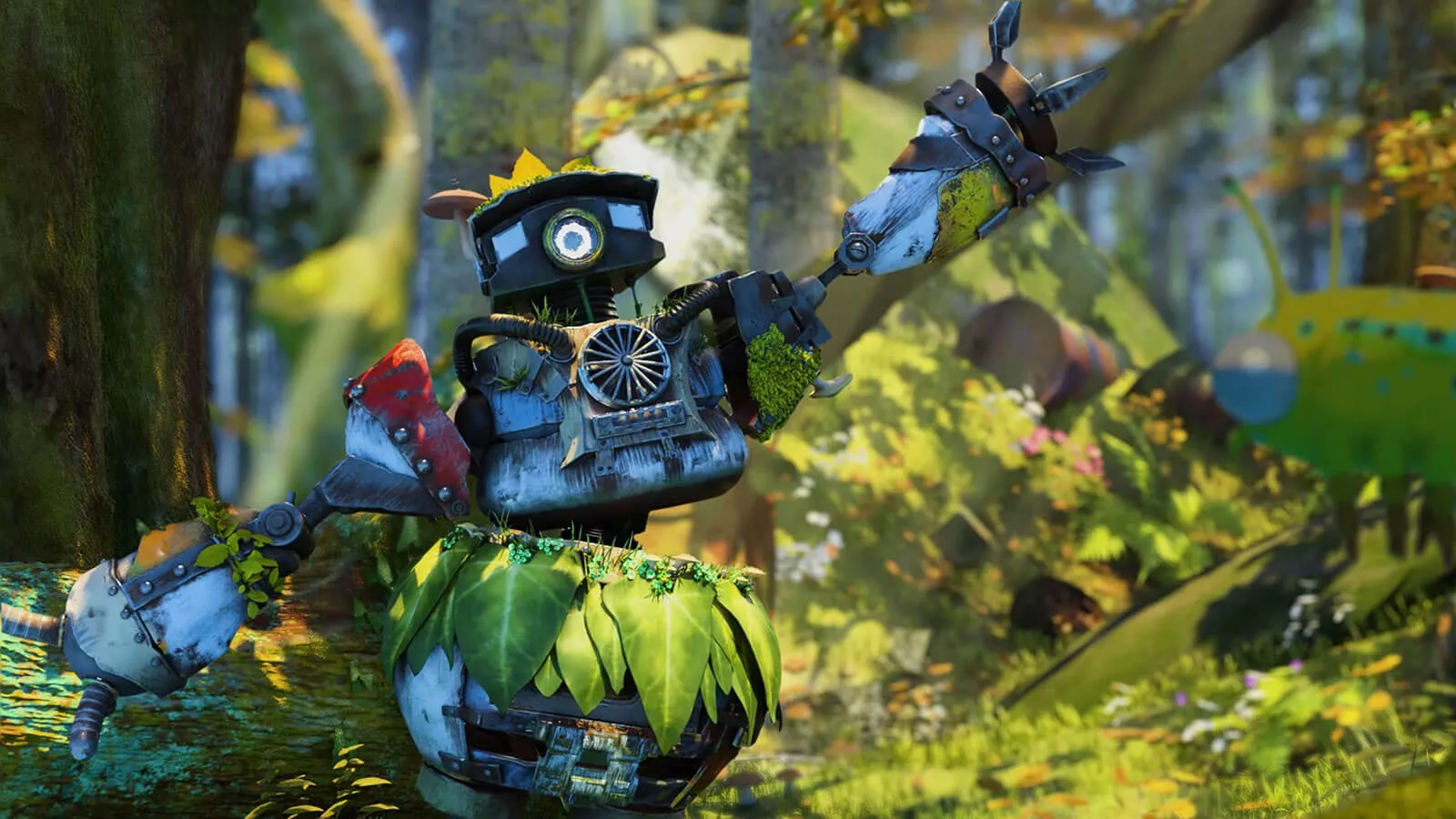 A robot made from various parts and covered in plants and moss poses in a forest.