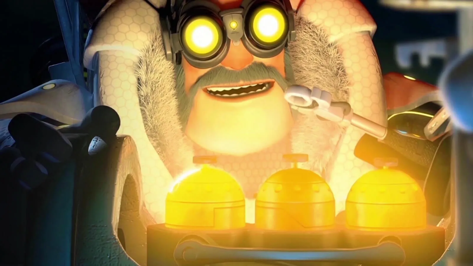 A man in a heavy fur coat and yellow goggles holds a nut in a pair of pliers in front of three glowing golden canisters