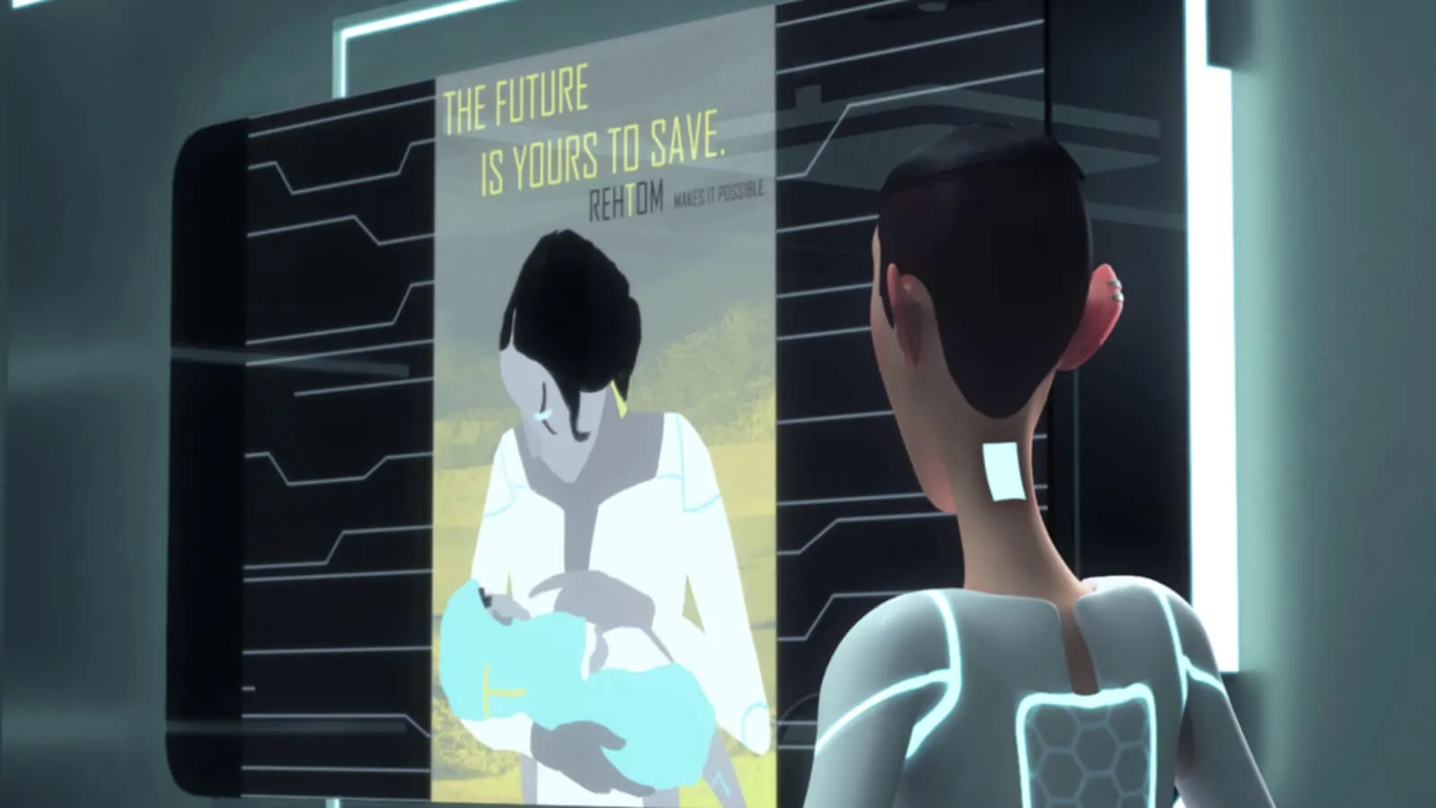 A person in a futuristic setting looks at a poster of a mother with a child in her arms, with &quot;The future is yours to save.&quot;