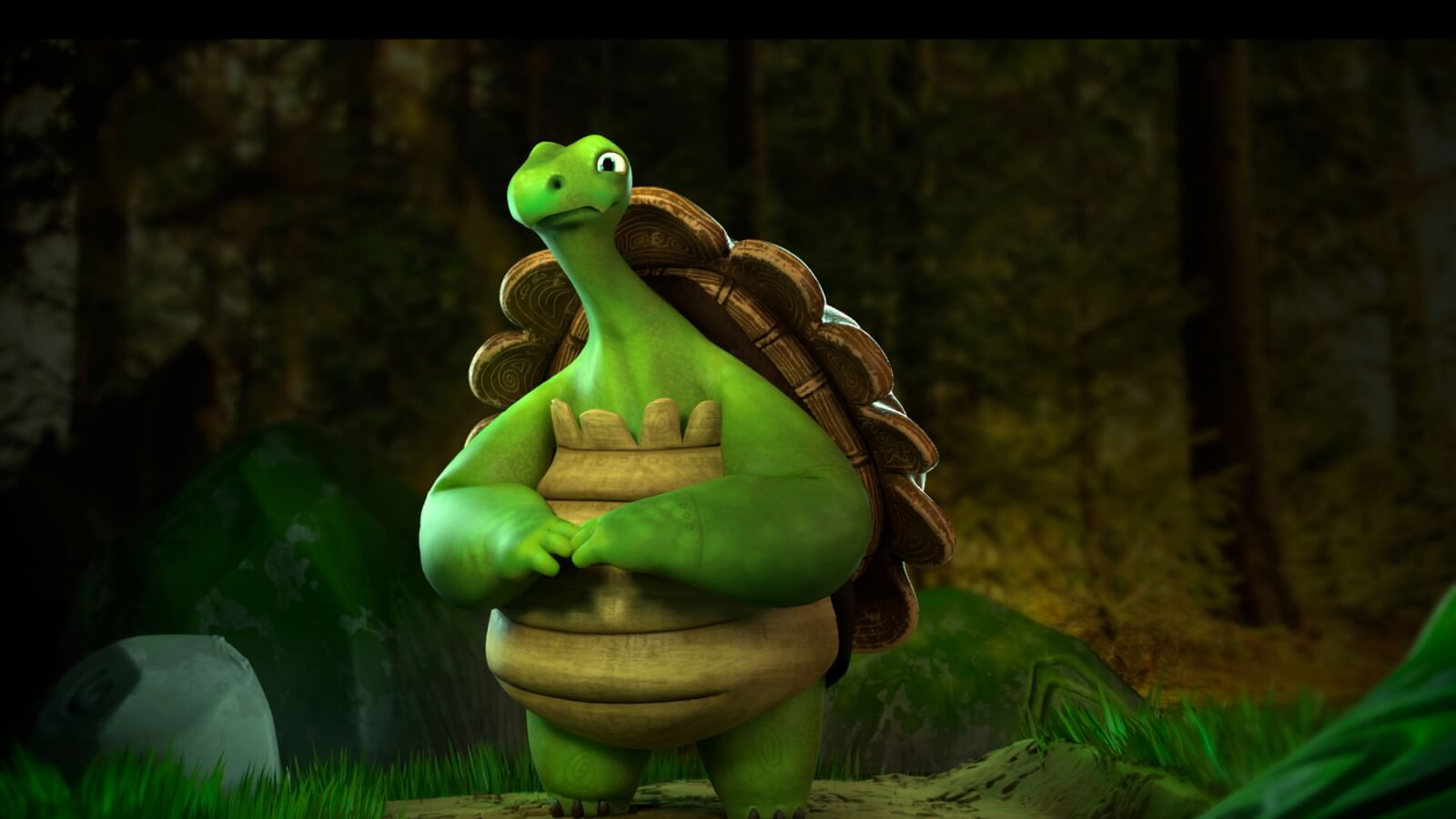 A giant friendly turtle stands upright in a dense forest, surrounded by tall trees.