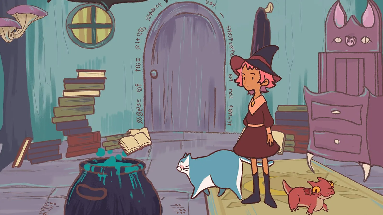 A young witch in her study, alongside her pet: a cat; and there is also a baby dragon.