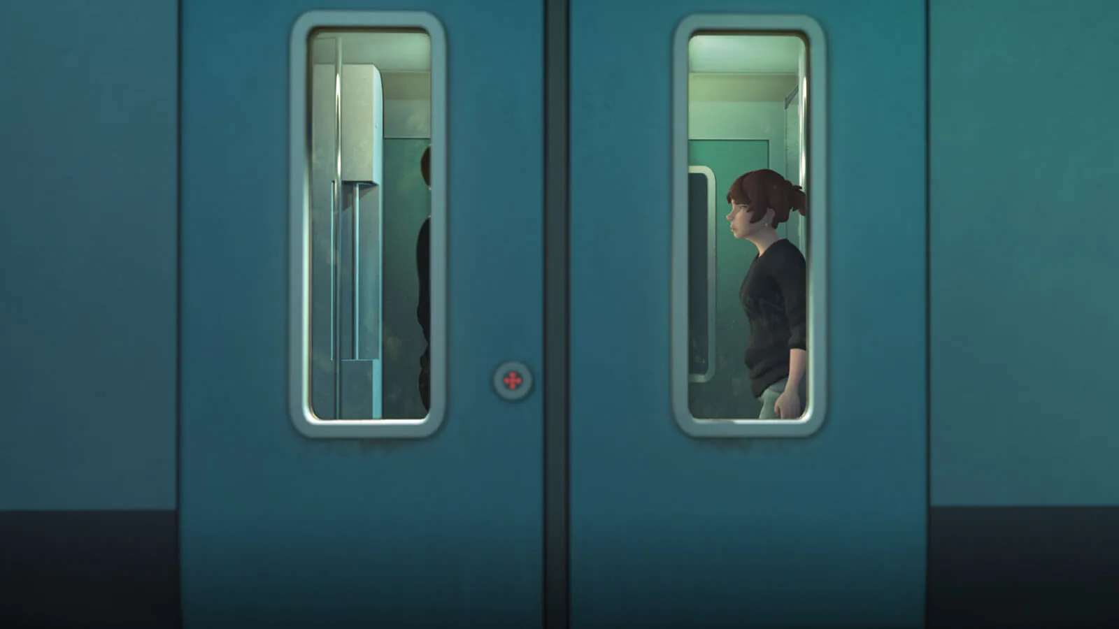 A woman in a black sweater from the side as seen through the vertical window in a train car&#039;s sliding doors.