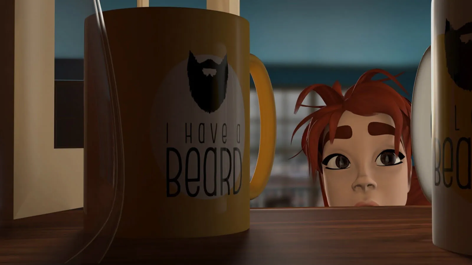 A woman reaches into a cupboard for her coffee mug that says &#039;I have a beard.&#039;