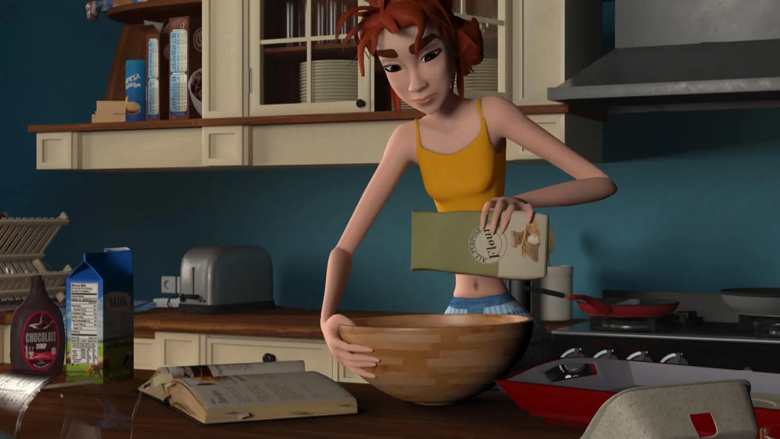 A woman pours flour into a wooden mixing bowl