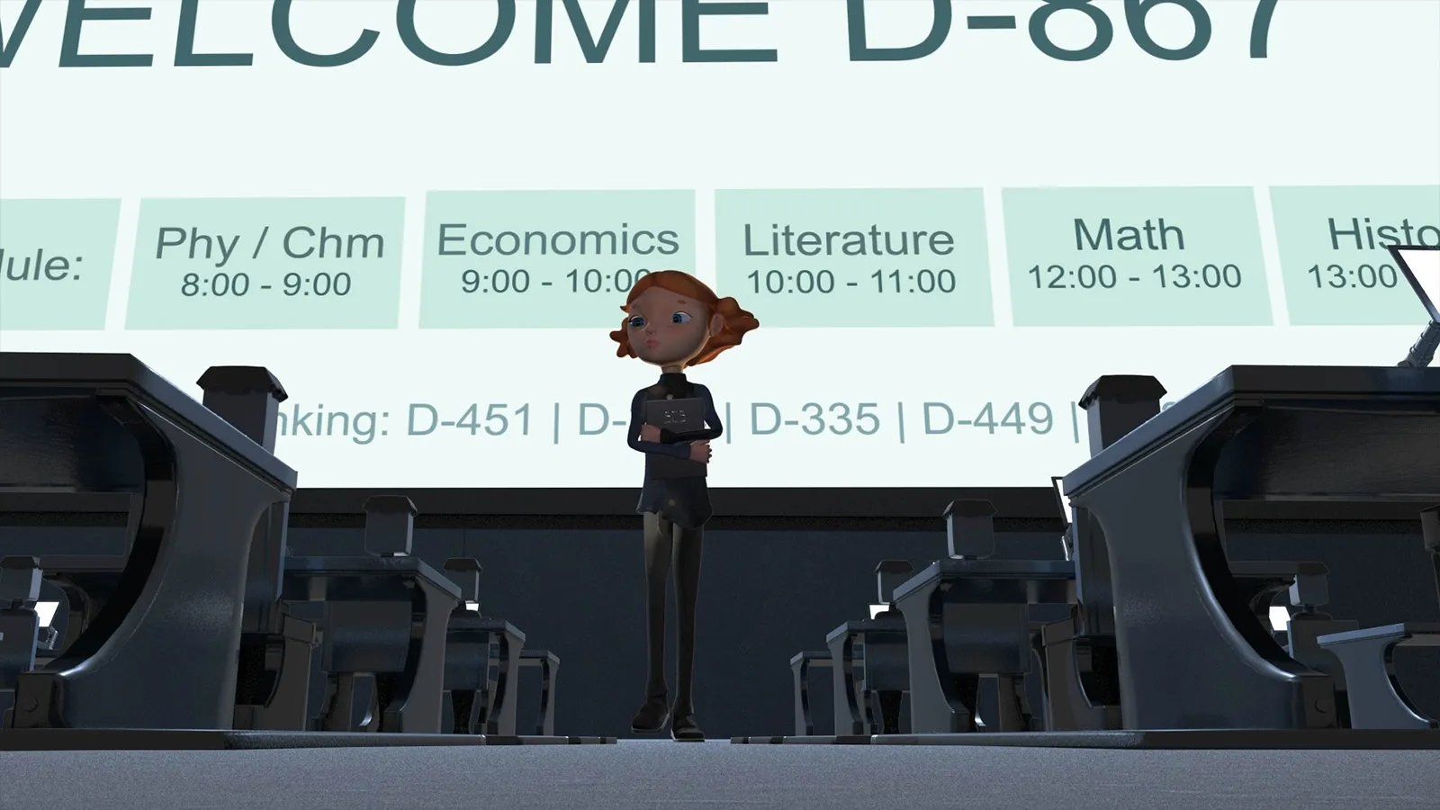 A young female student stands in front of a massive white screen with desks to each side