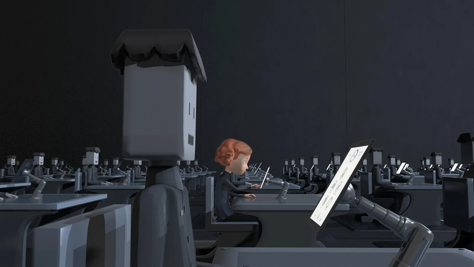 A robot student sits next to a young female human student at a desk