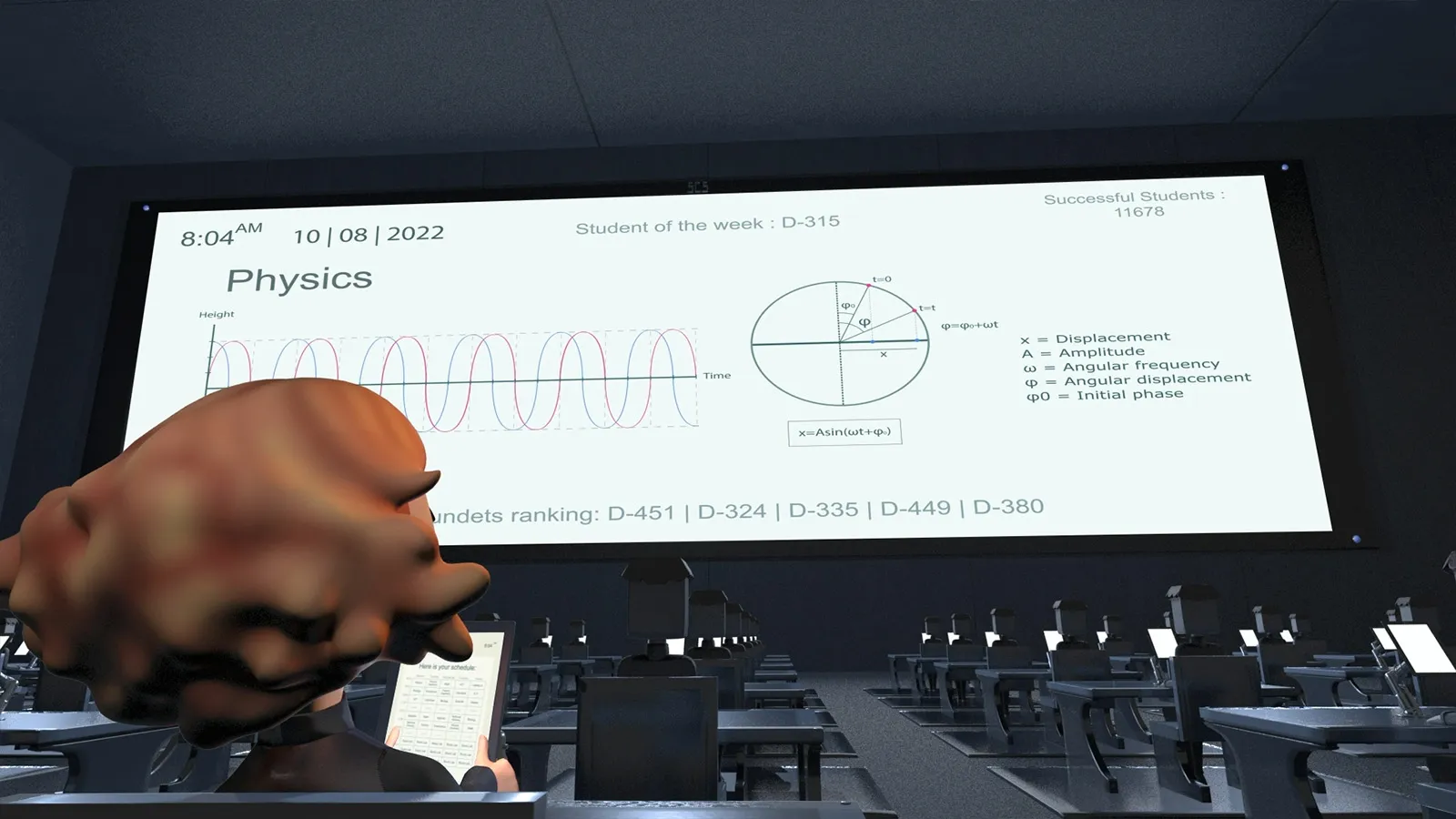 A female student stares at a massive screen with physics problems written on it