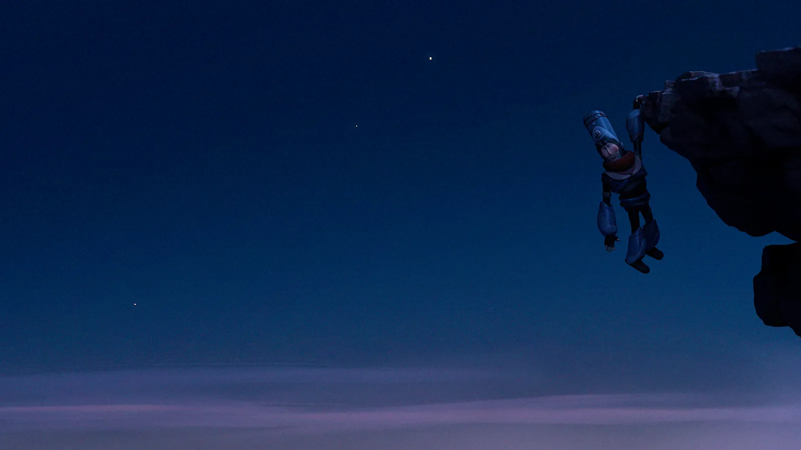 Character from Bon Ali The Kind hanging from a cliff edge under a starry night sky.