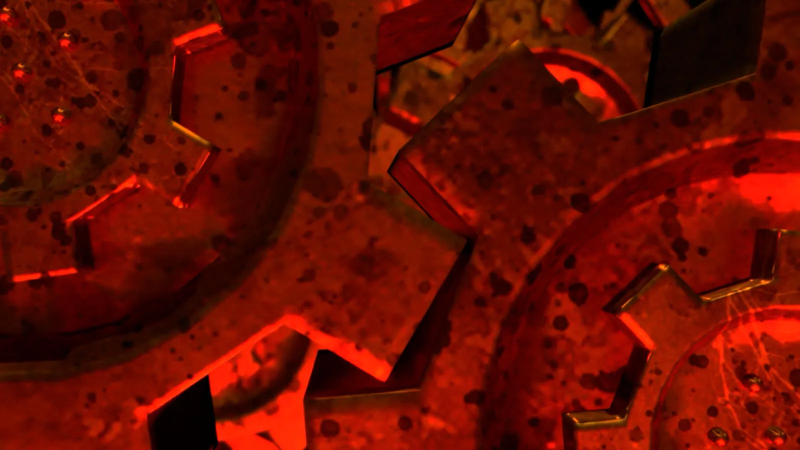 A man in yellow and black spandex tights looks down a red-lit industrial corridor