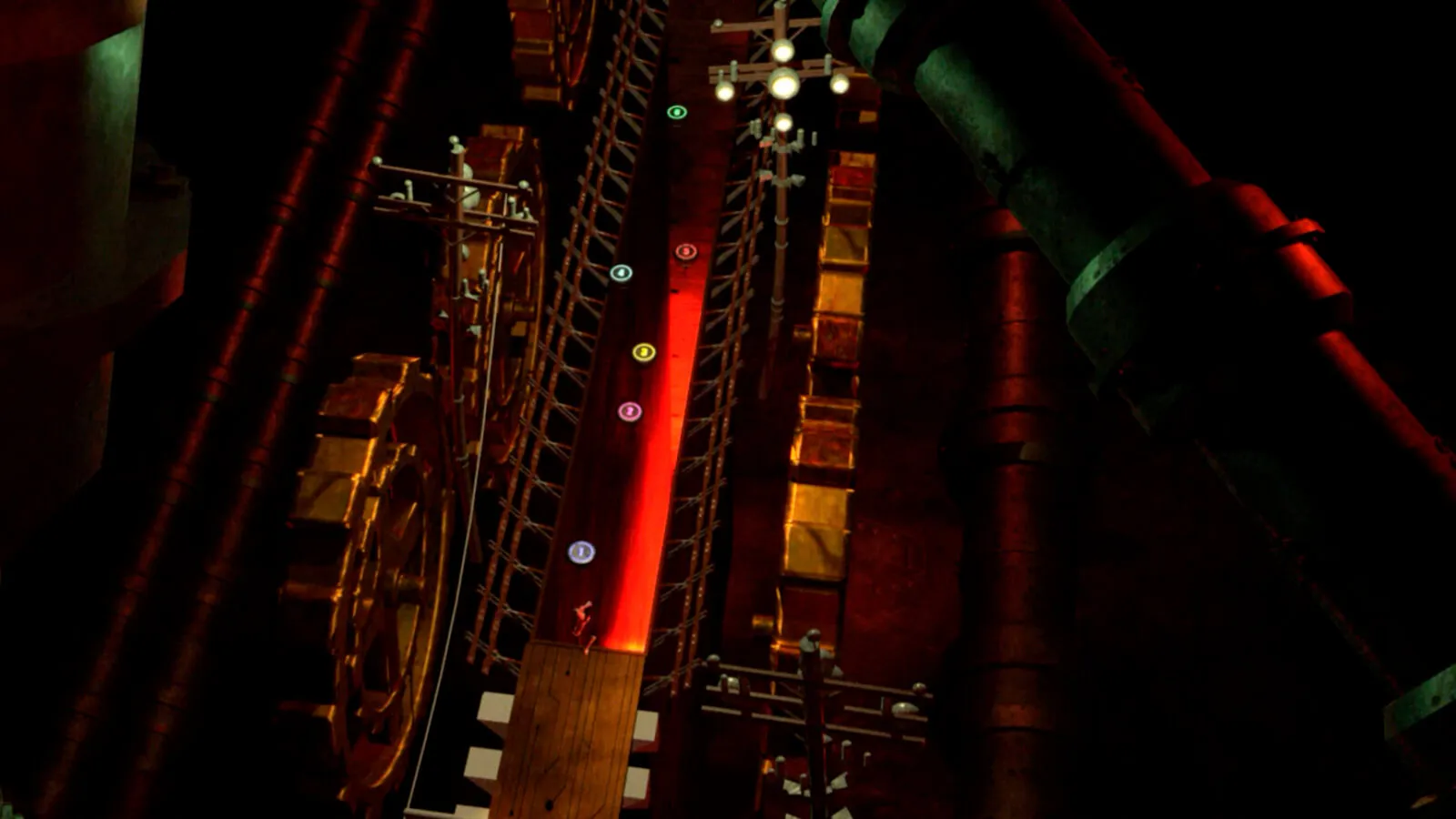 A red-lit industrial corridor seen from above flanked by cogs and telephone poles