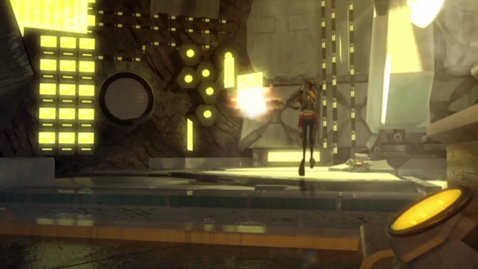 A man runs through a yellow-lit cavern shooting a laser gun at an unseen enemy to his left