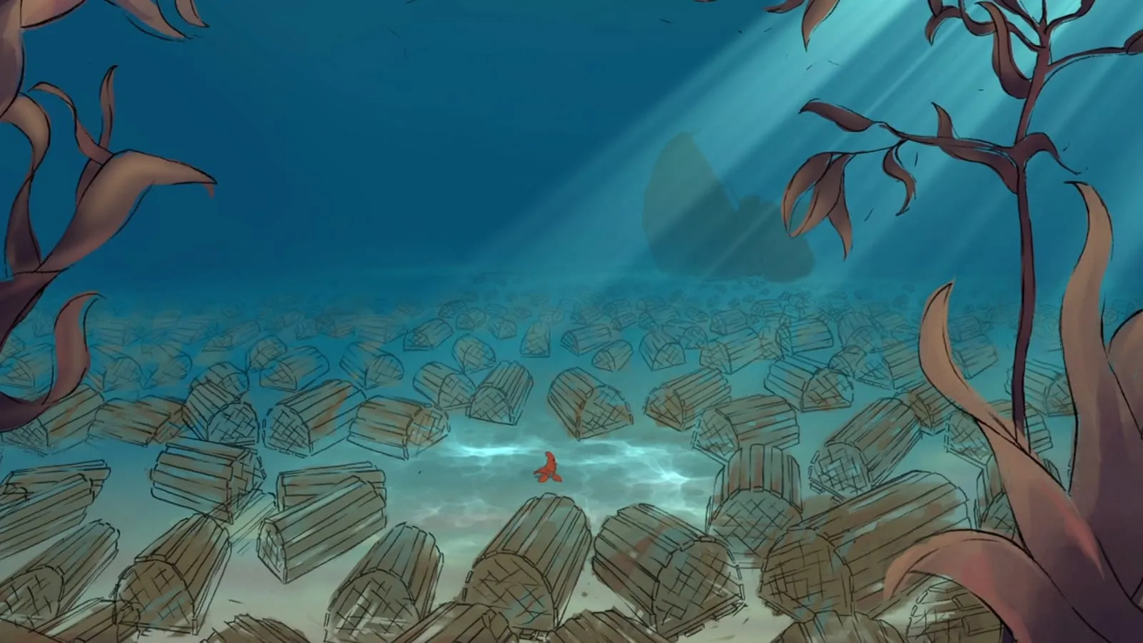 The deep sea is full of boxes and a sunk ship could be seen at the background