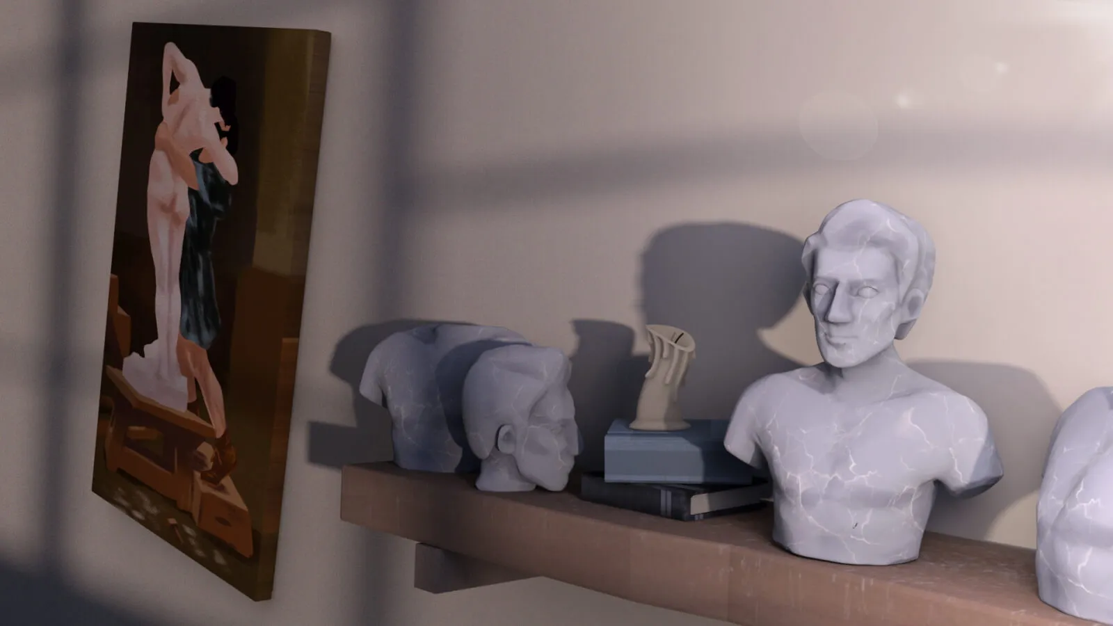 A shelf with two marble busts, a small hand sculpture, books, and a painting of two figures hangs on the wall next to the shelf.