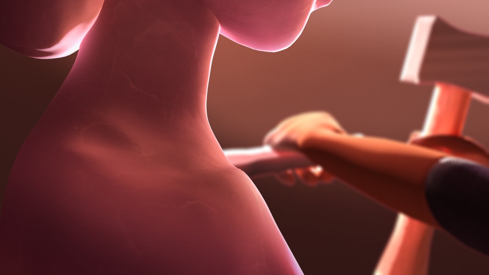 A close-up of a pinkish abstract figure being sculpted with a chisel and hammer by a hand dressed in an orange sleeve.