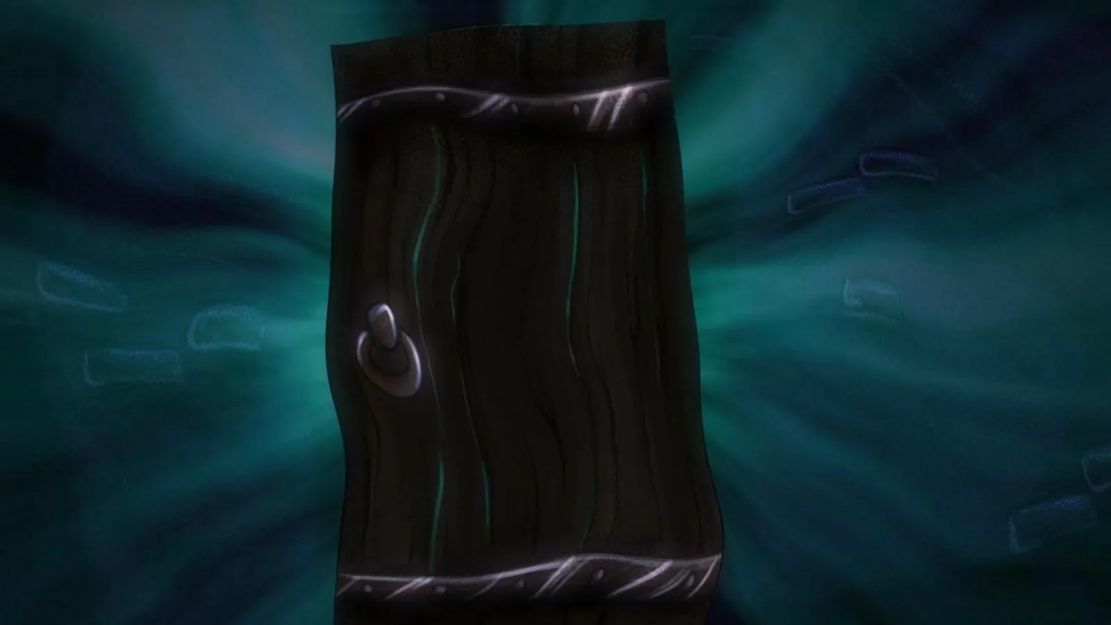 A mysterious, glowing black door surrounded by swirling green mist.