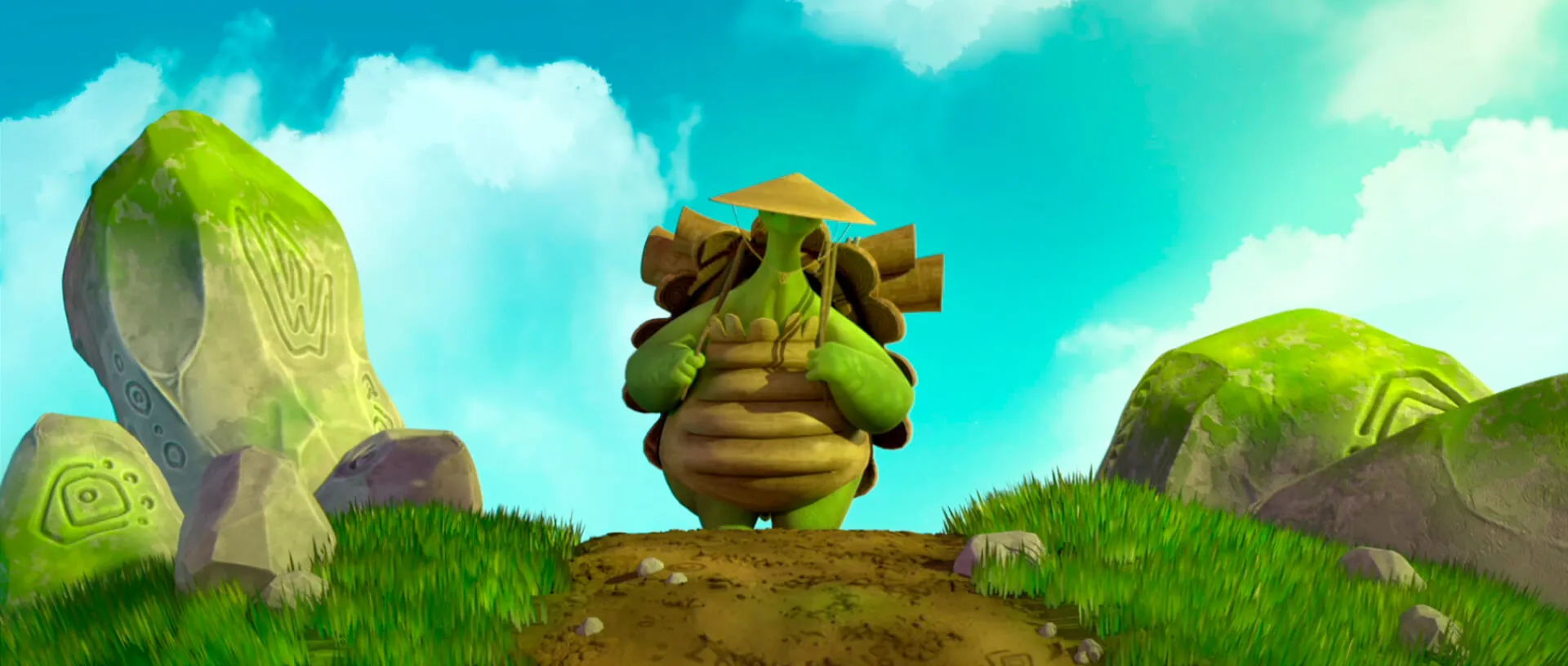 Turtle character at the top of a path, carrying a large backpack, with a blue sky background.