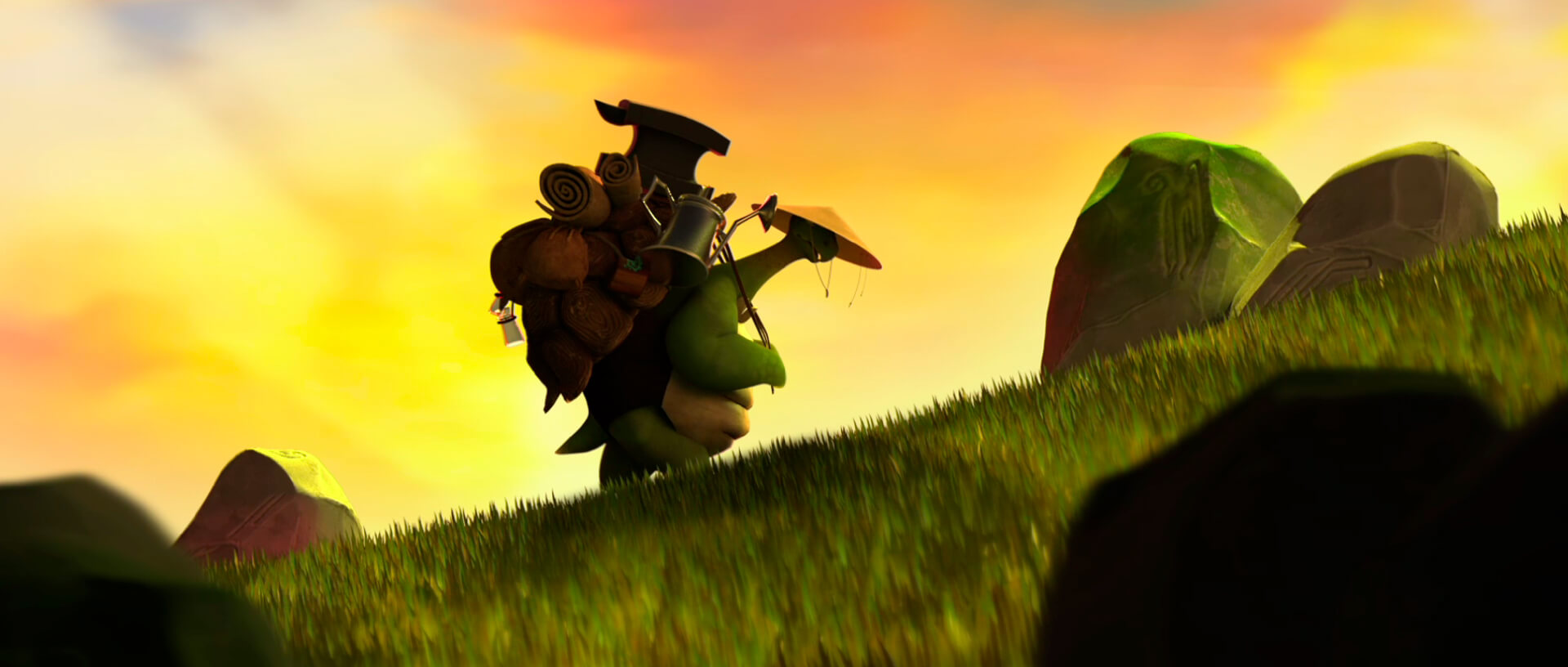 Turtle character with a backpack on a hilltop, looking at a bridge over a chasm, under a vibrant sunset sky.