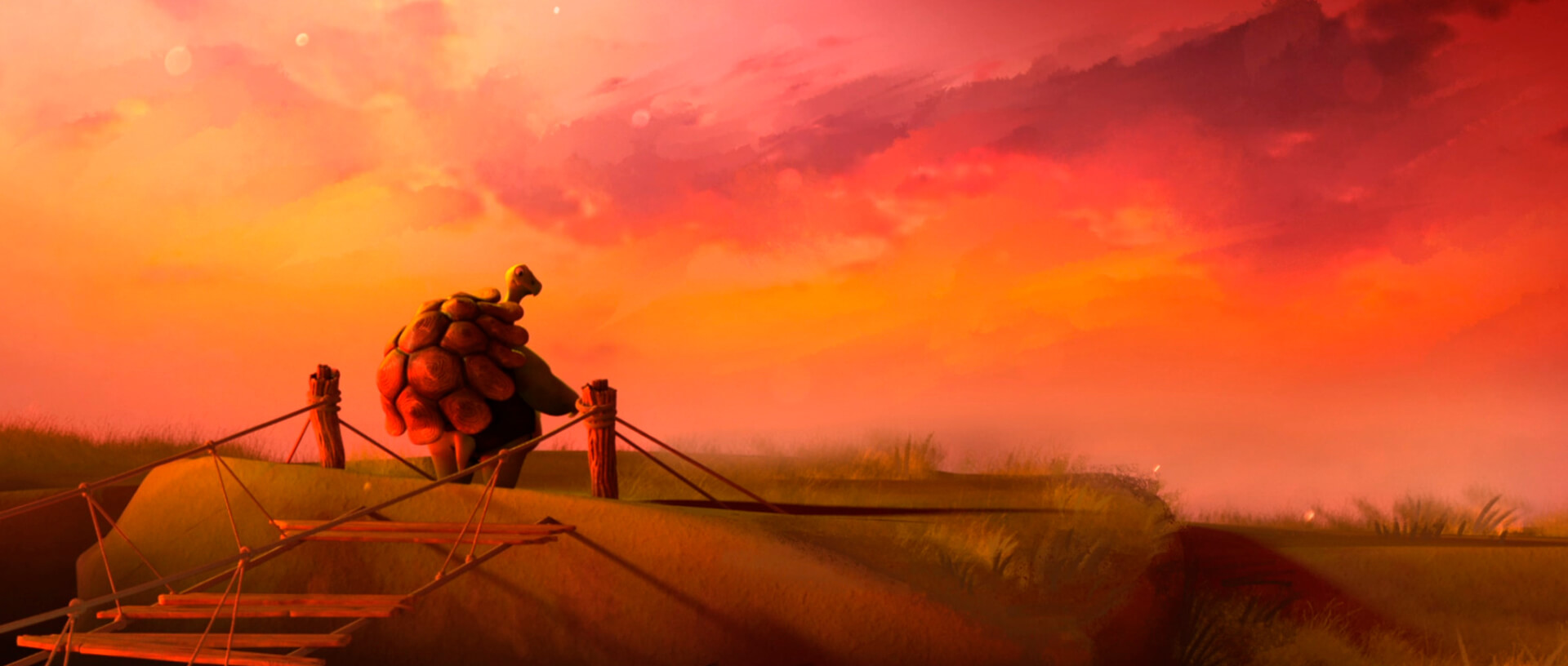 Turtle character with a backpack after crossing a bridge, looking at the distance, with a vibrant sunset sky.
