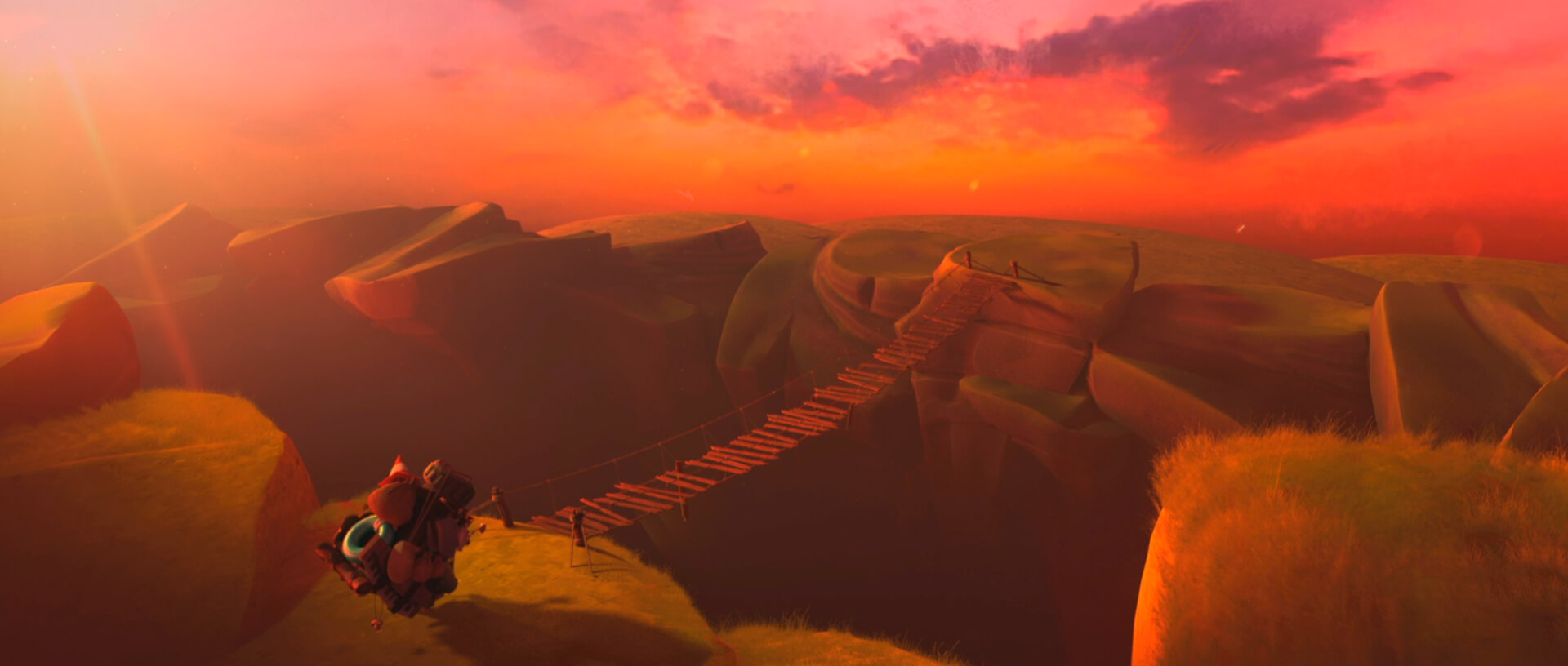 Turtle character on a grassy hill, looking at a bridge over a chasm, with a pink and orange sky.
