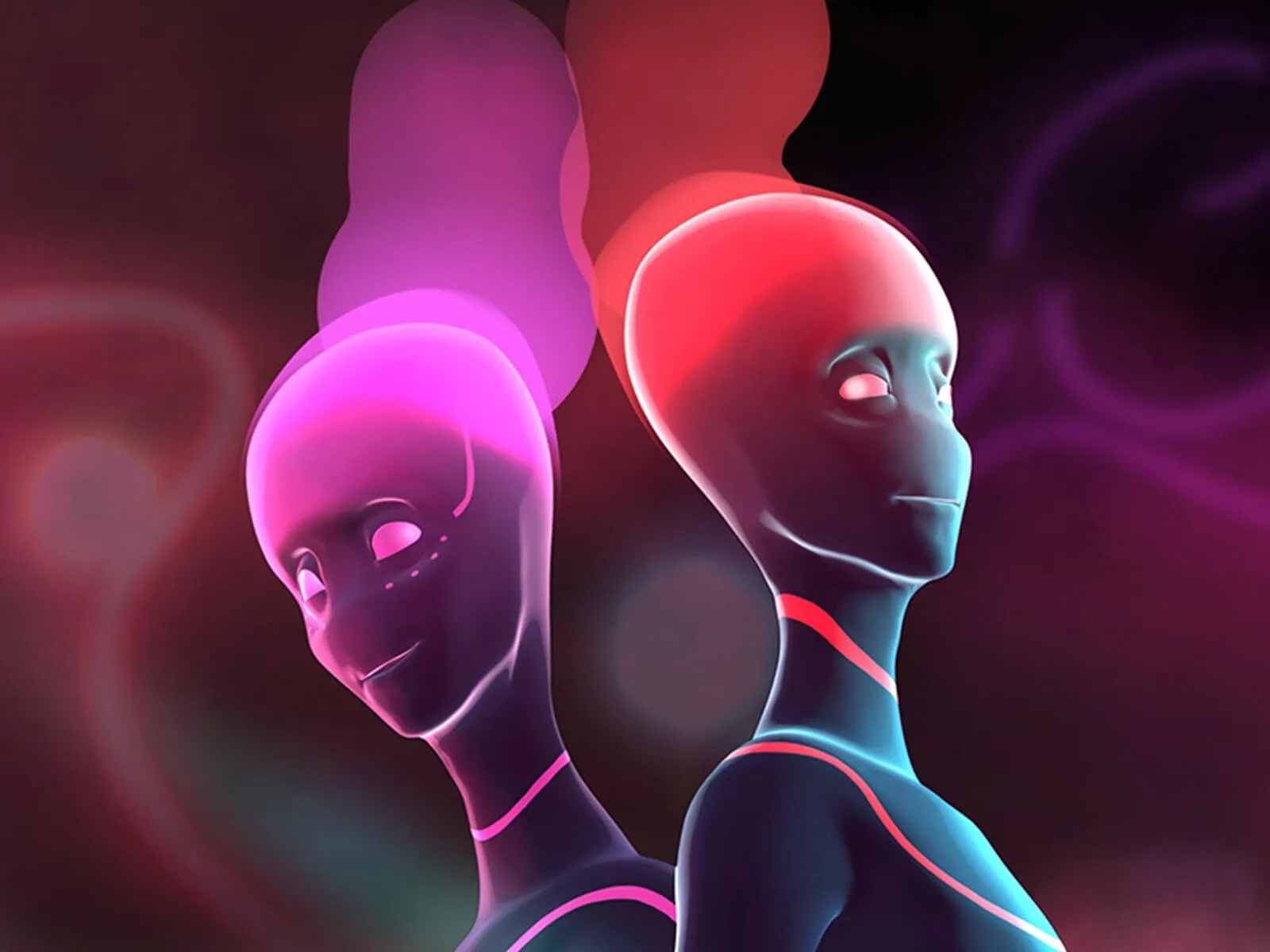 Concept painting of two humanoid characters, one with purple features and one with orange