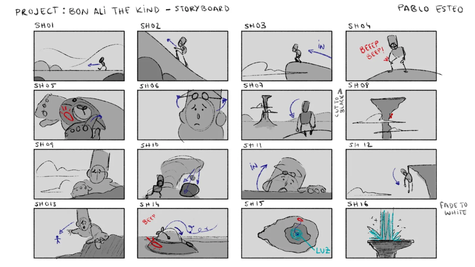 Storyboard for Bon Ali The Kind with 16 frames depicting a character's journey and actions.