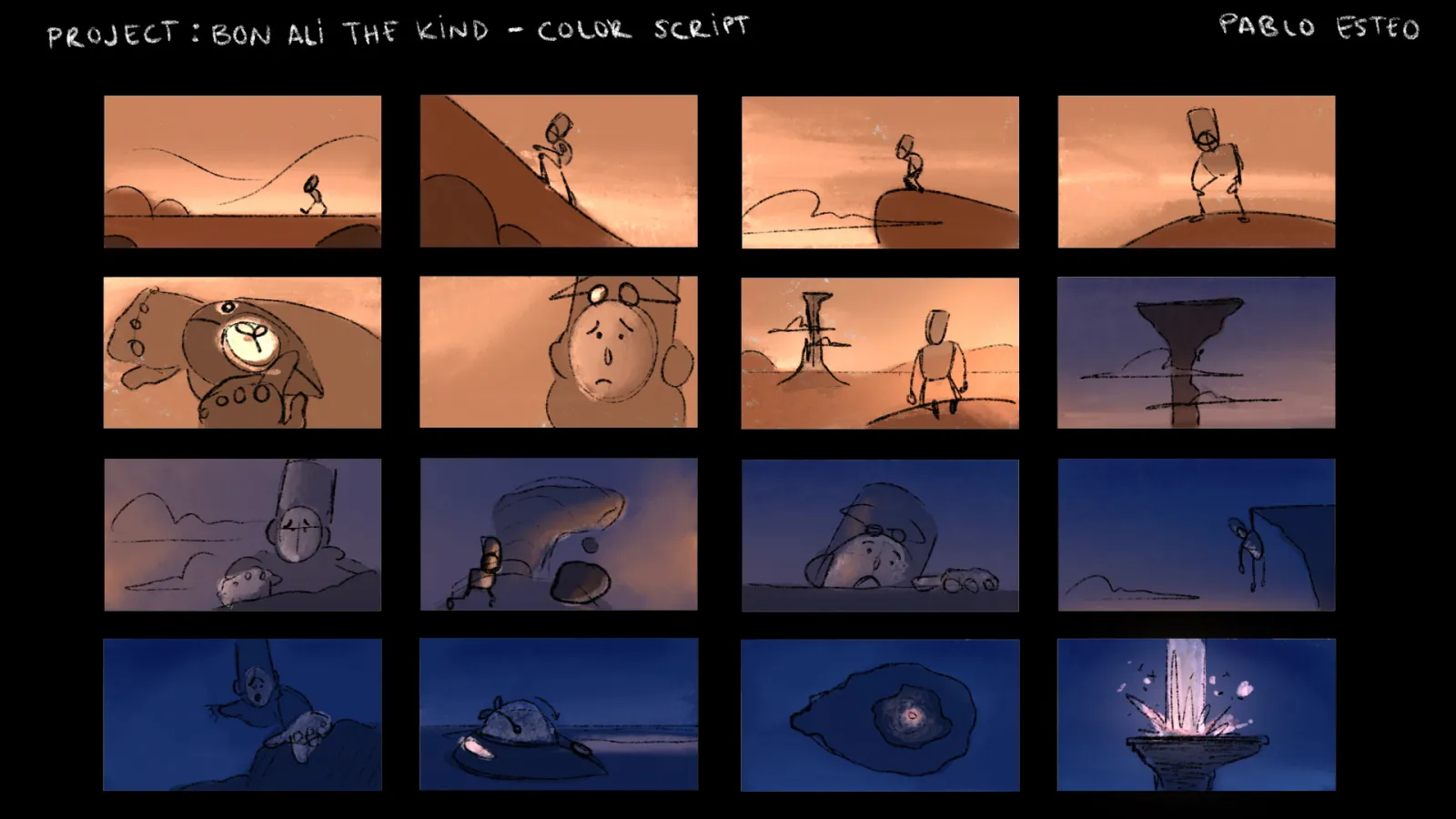 Color script for Bon Ali The Kind showing 16 frames with varying lighting and color schemes.