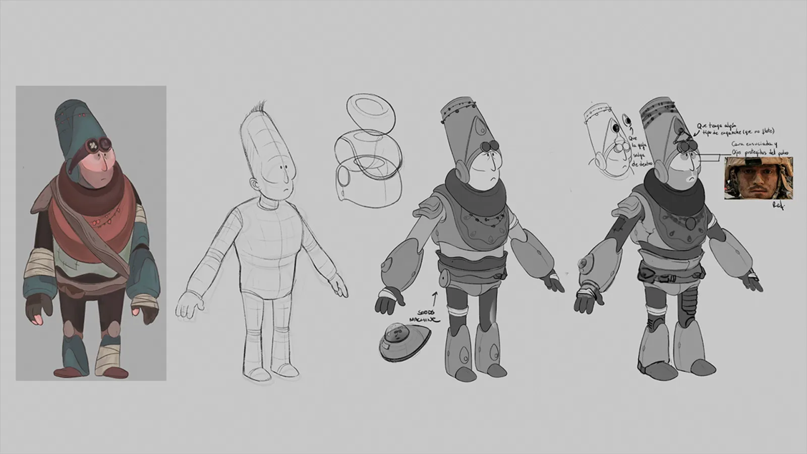 Concept art for Bon Ali The Kind character, showing development from sketches to detailed design.