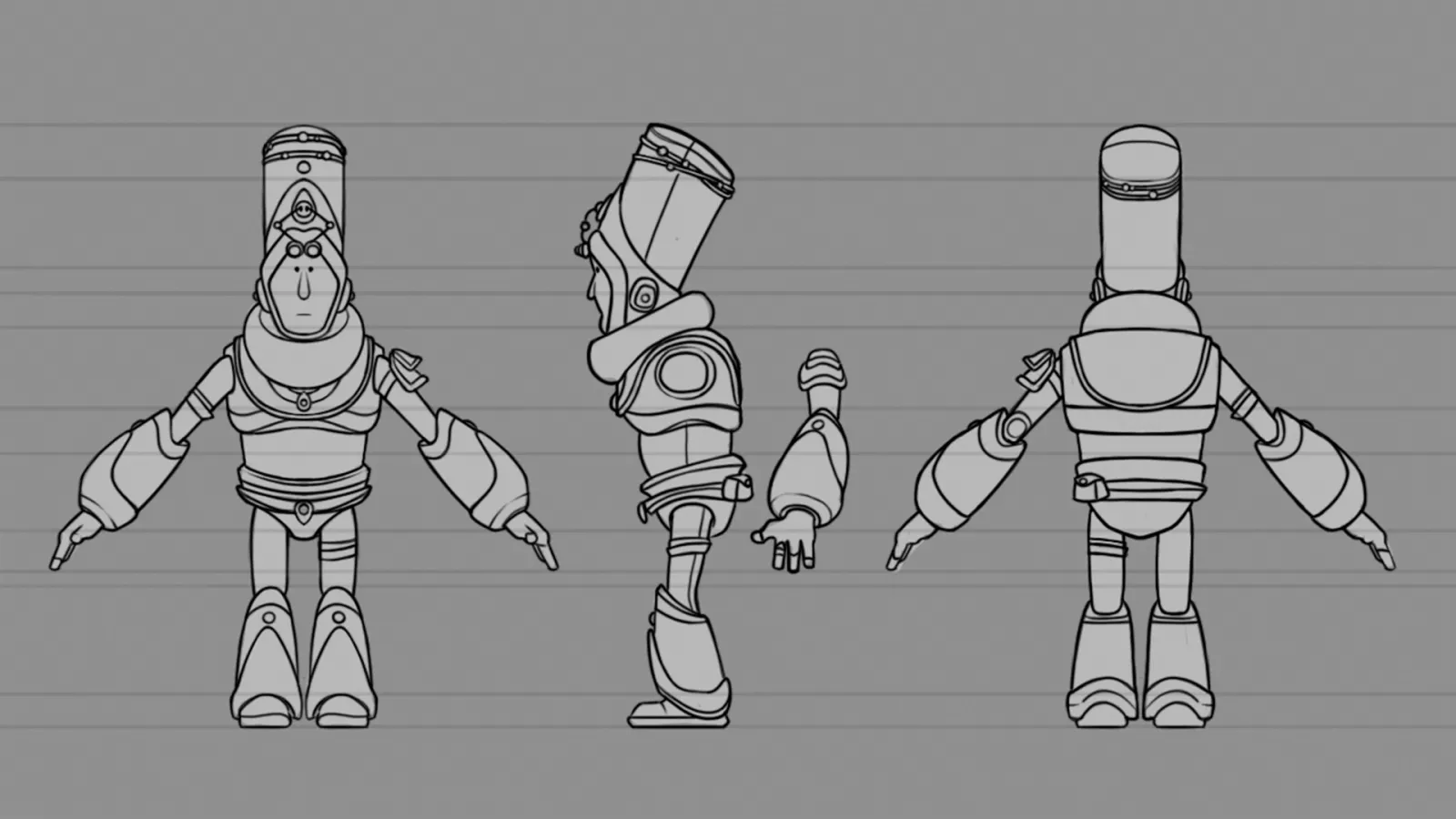 Turnaround sheet for Bon Ali The Kind character, illustrating front, side, and back views.