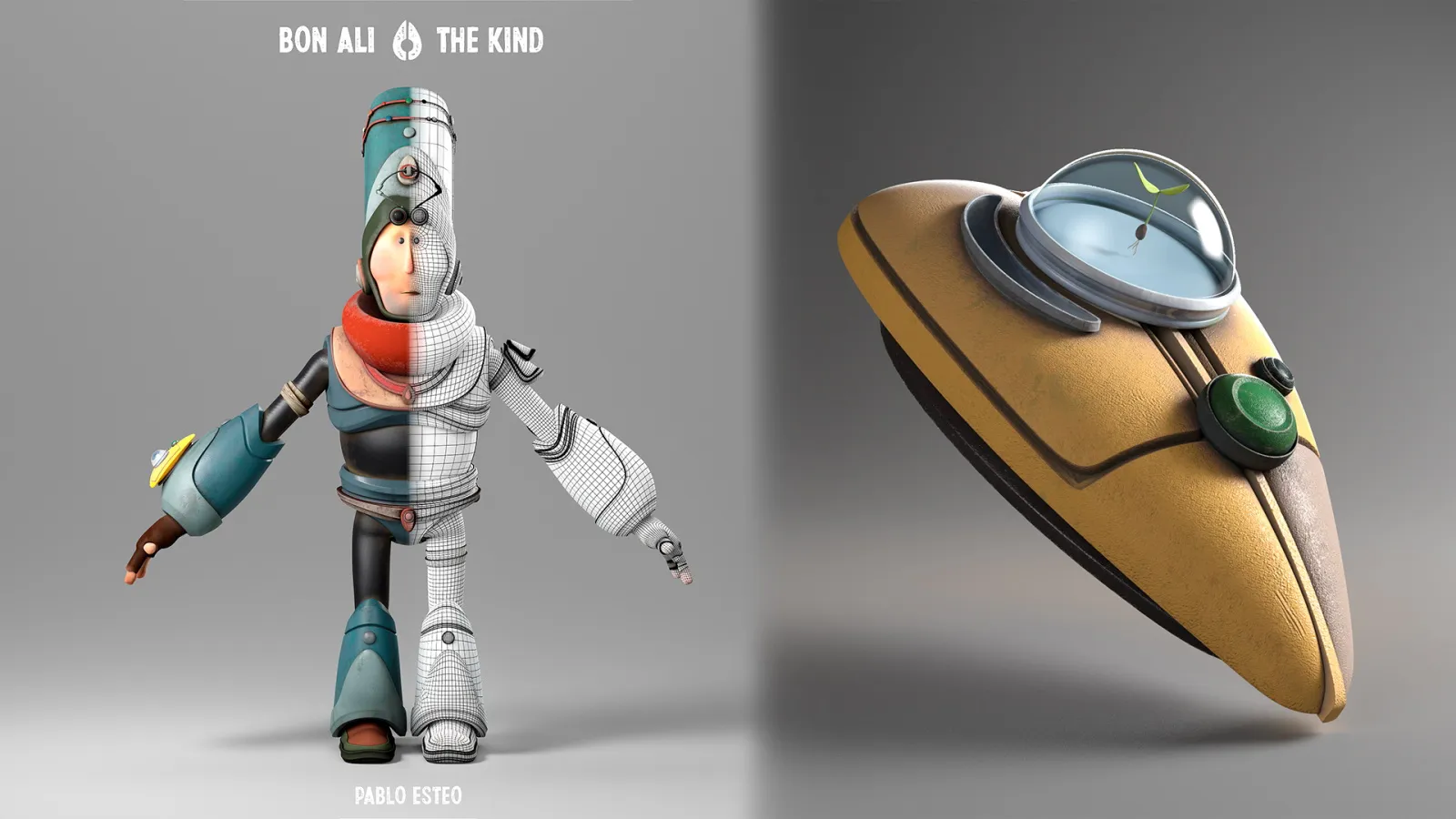 3D render of Bon Ali The Kind character and spaceship, with half showing wireframe model.