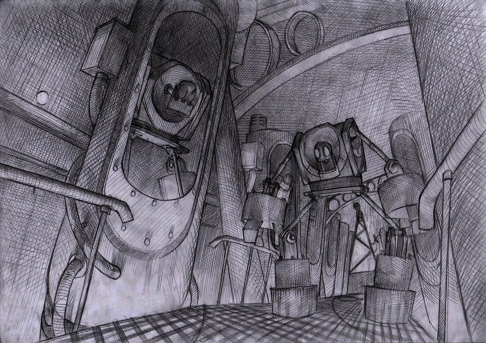 Black-and-white concept sketch for the film Core, depicting ominous metallic robots in a corridor