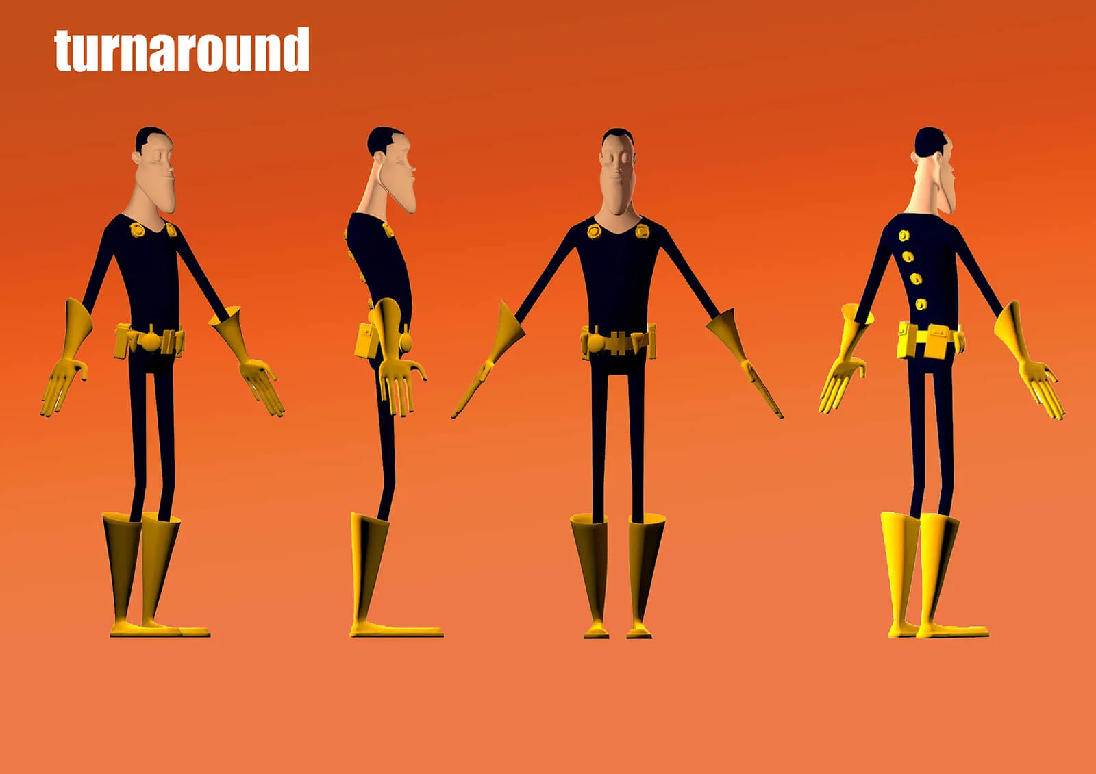 Turnaround slide of a man in black and yellow spandex from the film Deadly Delivery from different angles