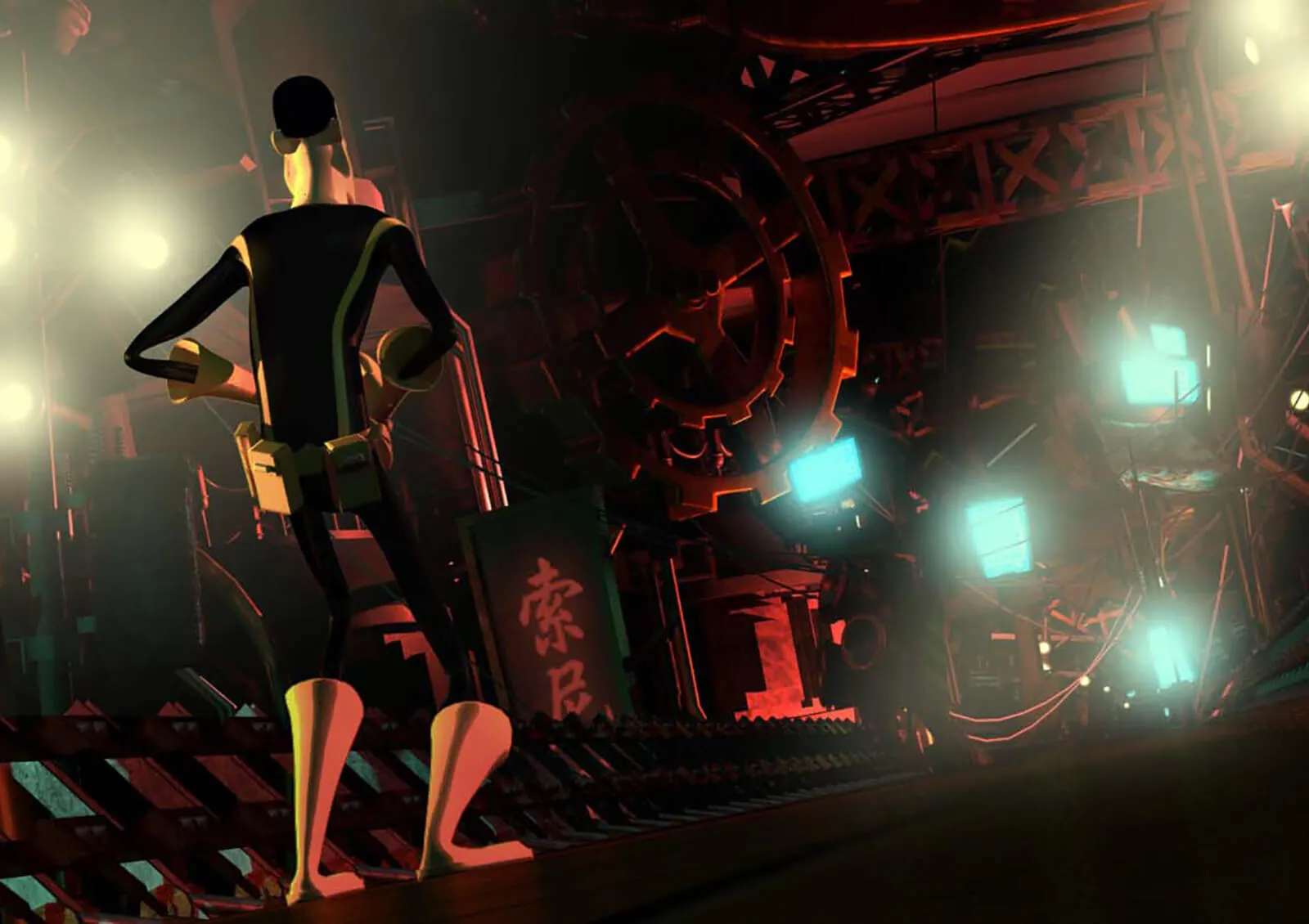 A man in yellow and black spandex tights looks down a red-lit industrial corridor