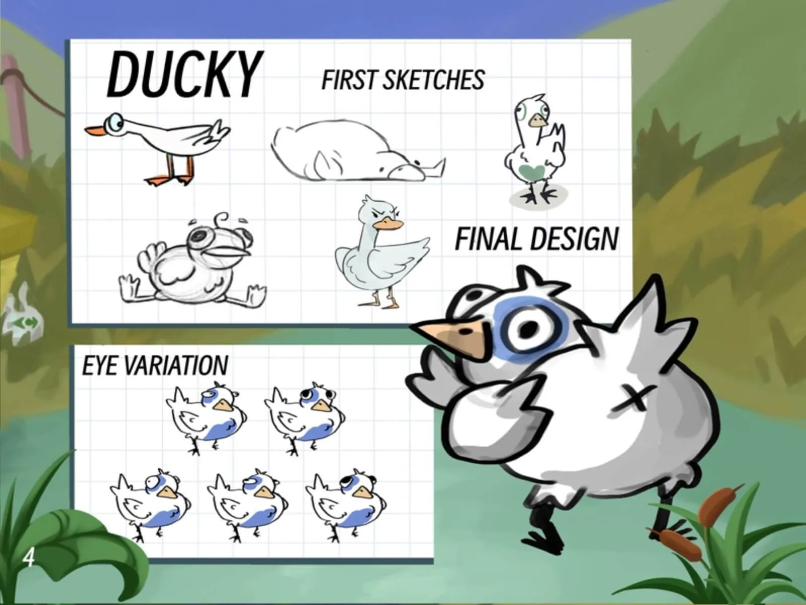 Diversos bocetos y diseño final de Ducky.