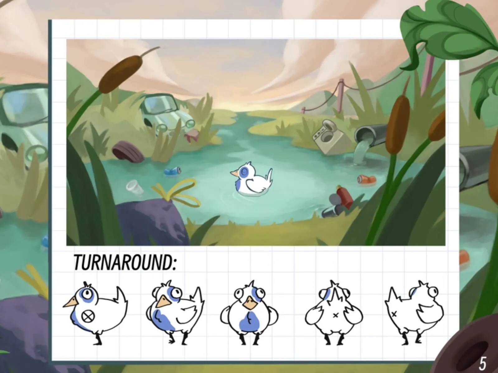 Concept of small duck in polluted pond, with design sketches.