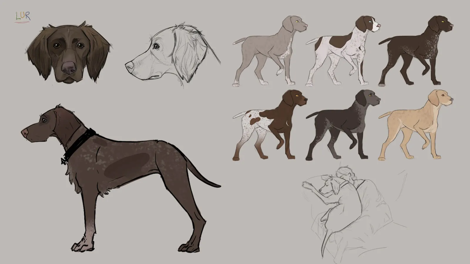 Early concept art showcasing Lur, the canine character in the film, during the initial stages of design.