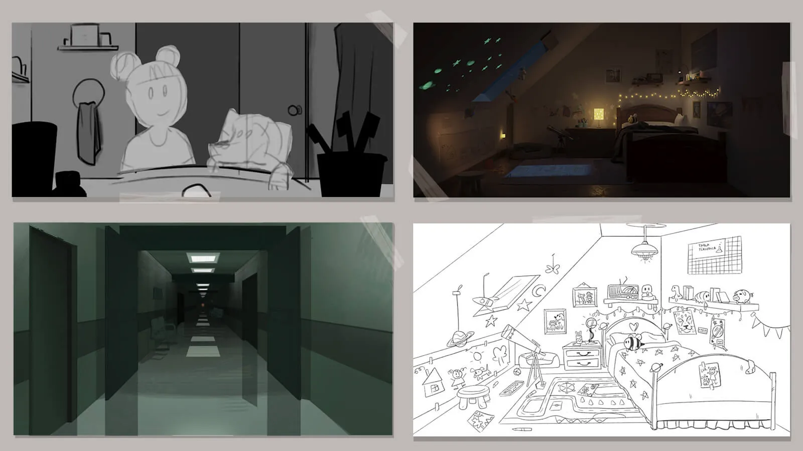 Early storyboard showcasing various locations from the film's narrative.