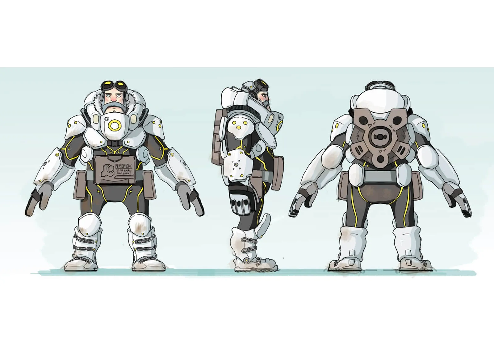 Concept color drawing of a bearded man in goggles and white and black futuristic armor accented with yellow lighting