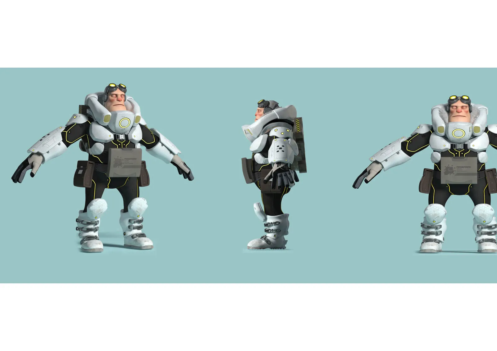 3D models from the film Level 1457 of a man in goggles and black and white futuristic armor from the front and behind