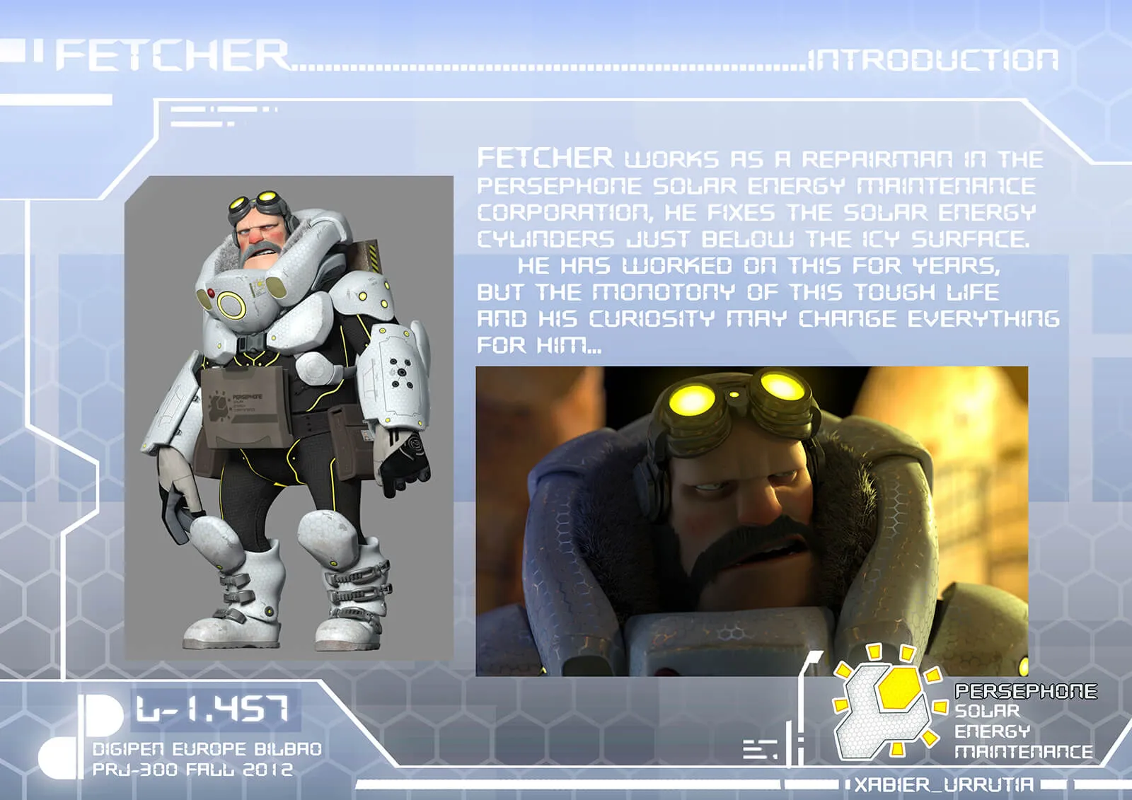  Character and story introduction slide from the film Level 1457 of Fetcher, a bearded man in white and black futuristic armor